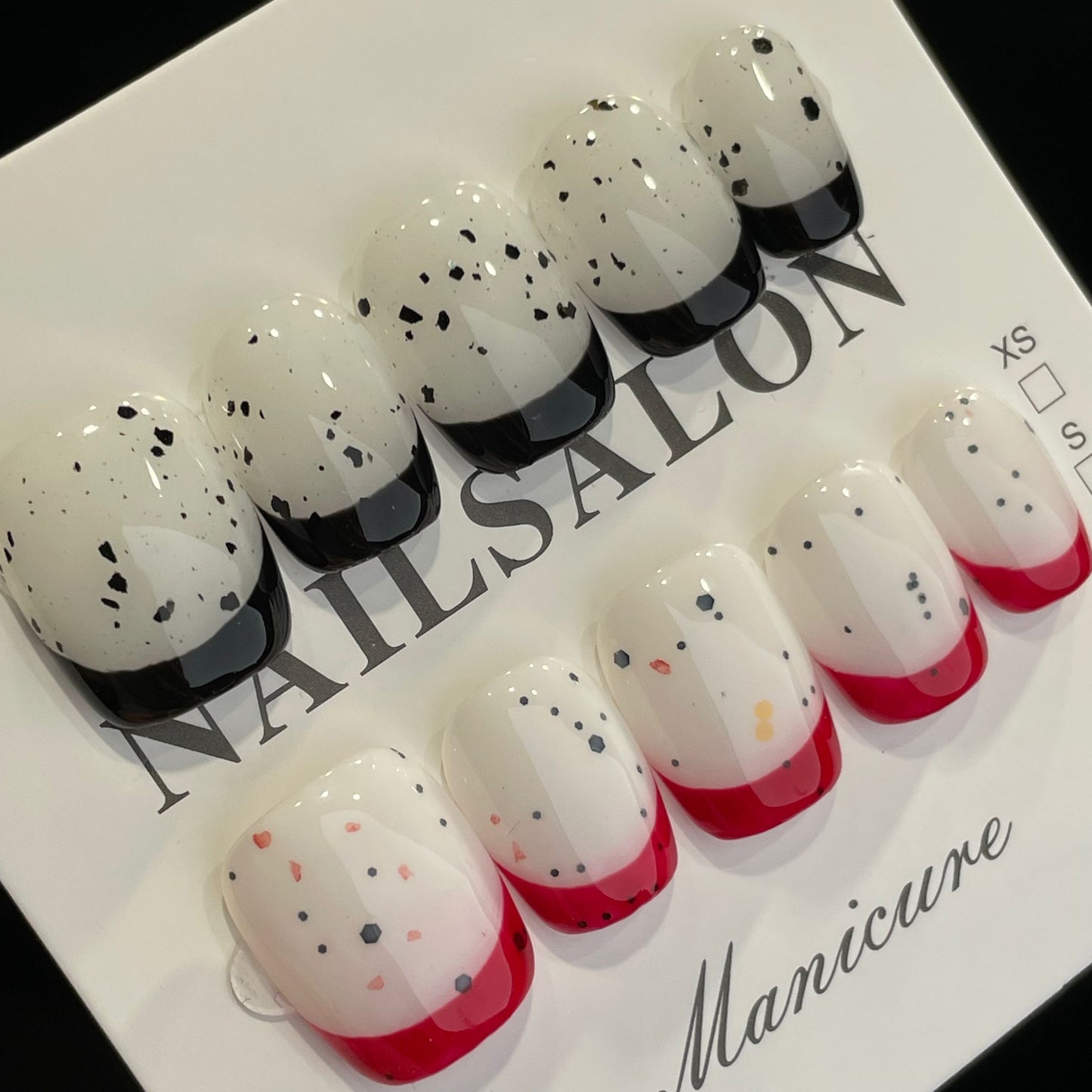 Handmade Press On Nails Short Square Black and red spots