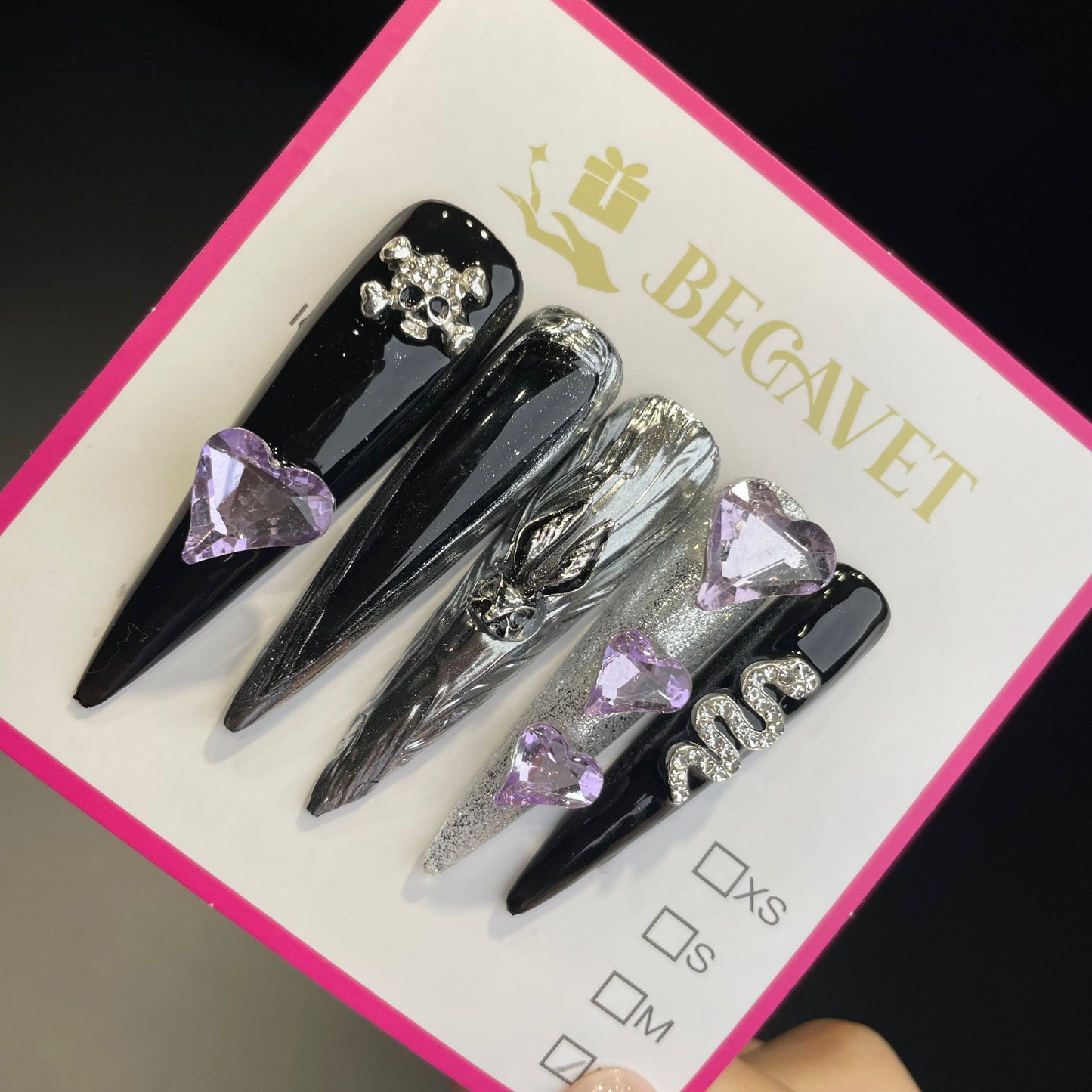 Handmade Press On Nails Extra-Long Stiletto Black and purple cool girl