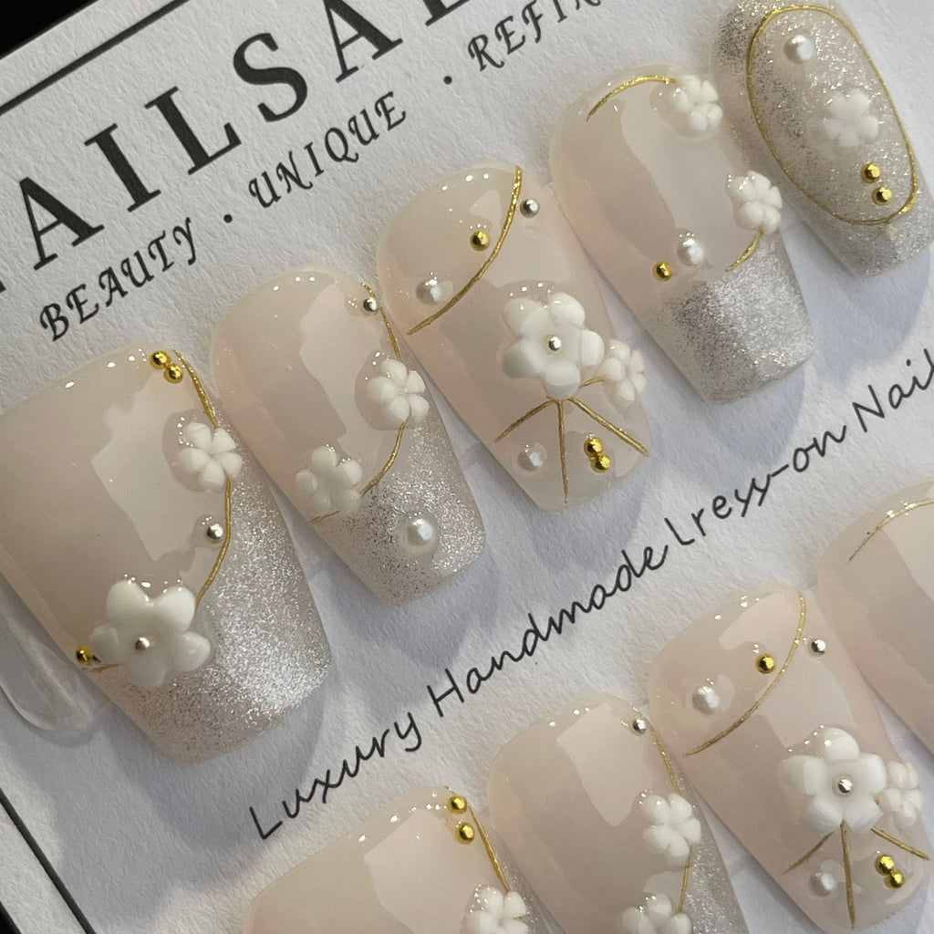 Handmade Press On Nails Medium Coffin Silver flower-YiH