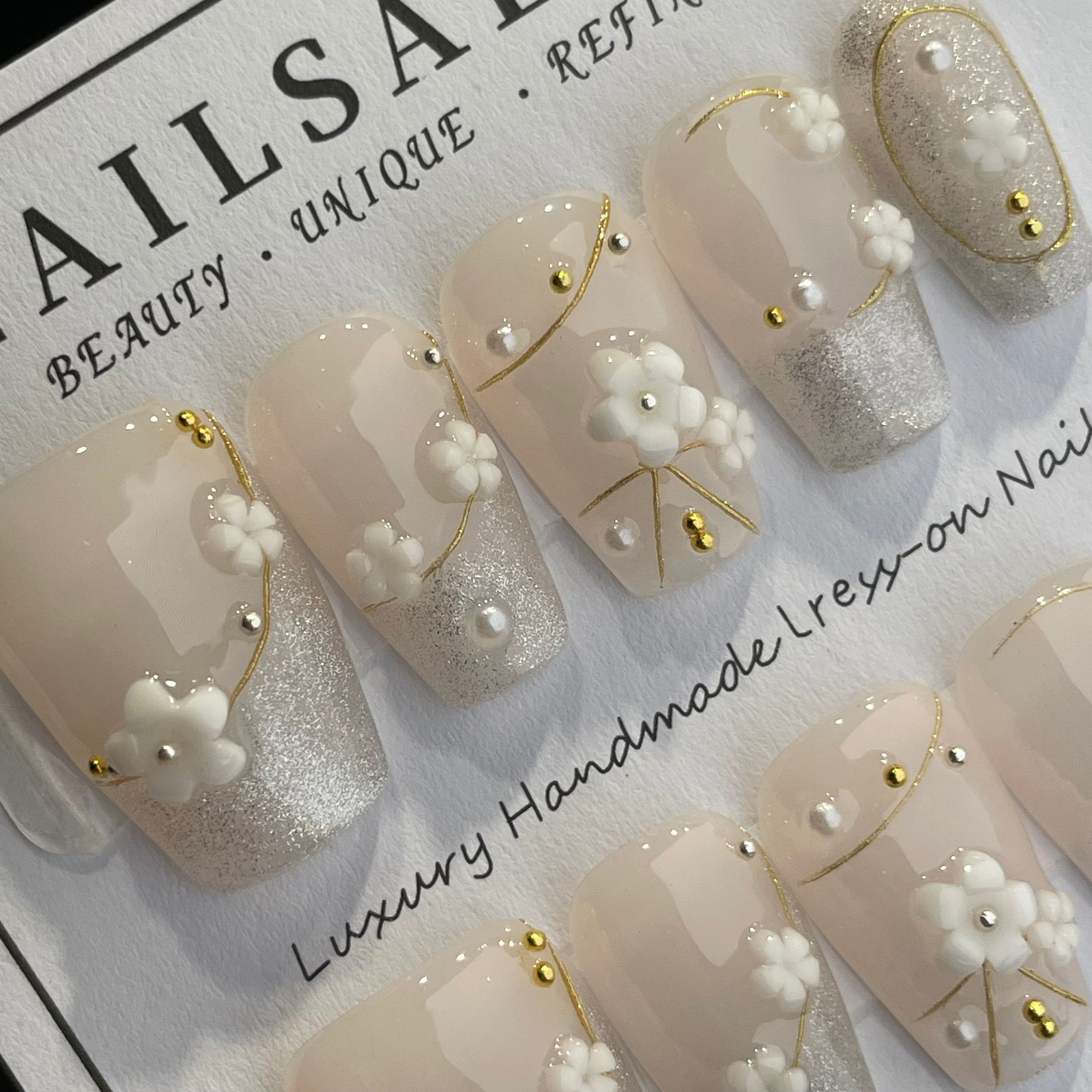 Handmade Press On Nails Medium Coffin Silver flower-YiH