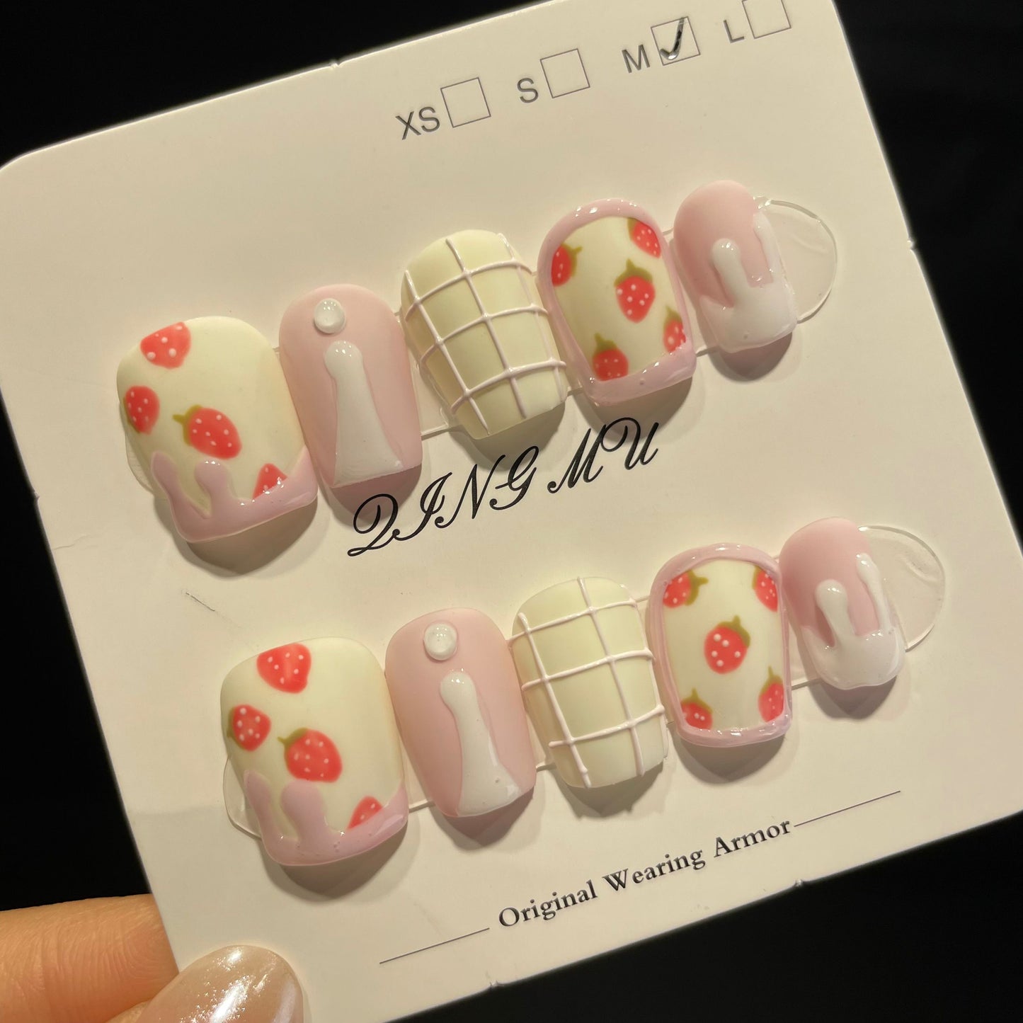 Handmade Press On Nails Short Square Strawberry milk