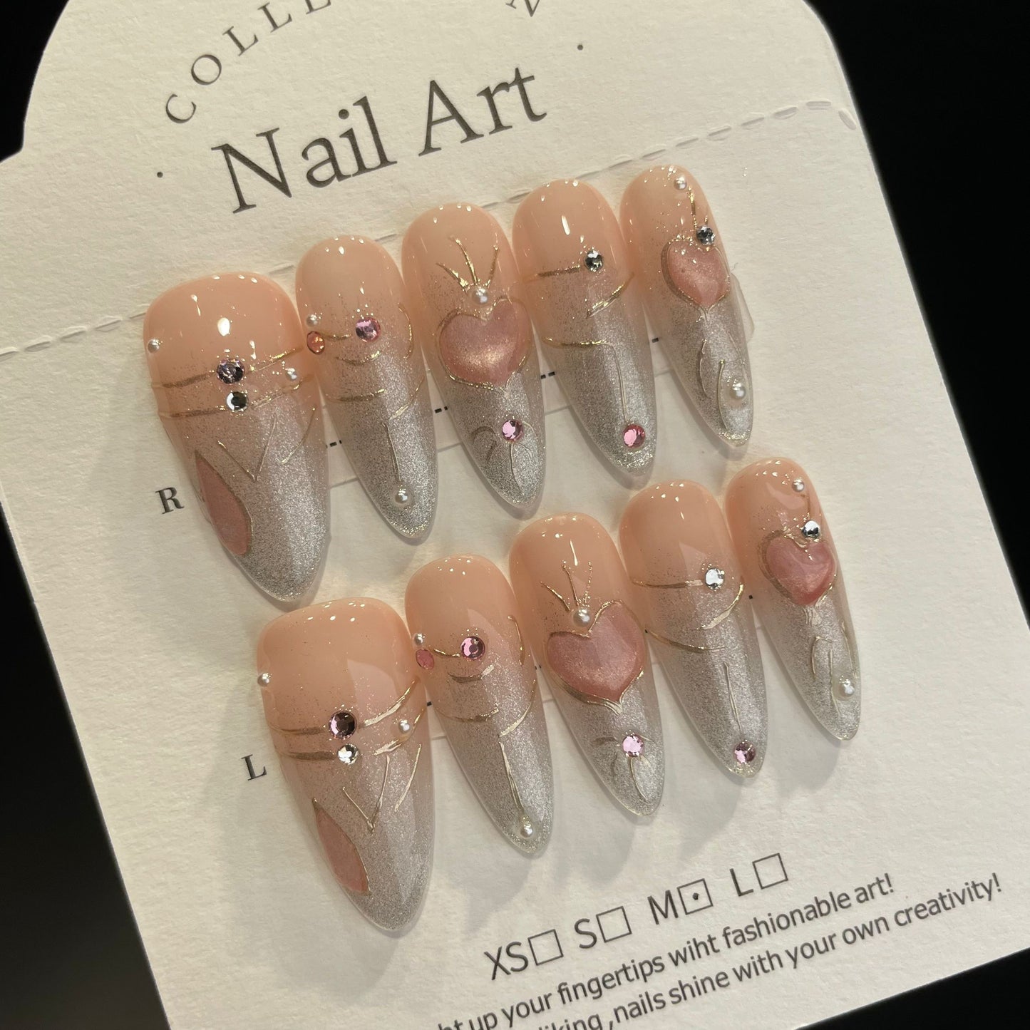 Handmade Press On Nails Long Almond Silver pink