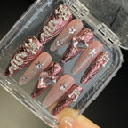 Handmade Press On Nails Long Stiletto Pink heart skull