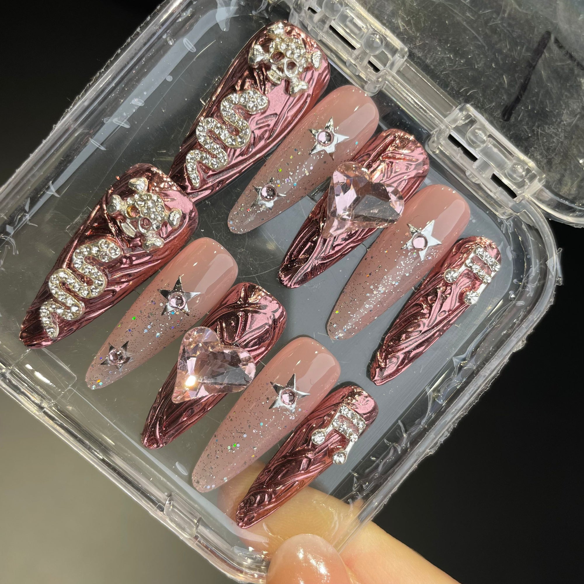Handmade Press On Nails Long Stiletto Pink heart skull