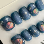 Handmade Press On Nails Short Coffin Blue planet-YiH