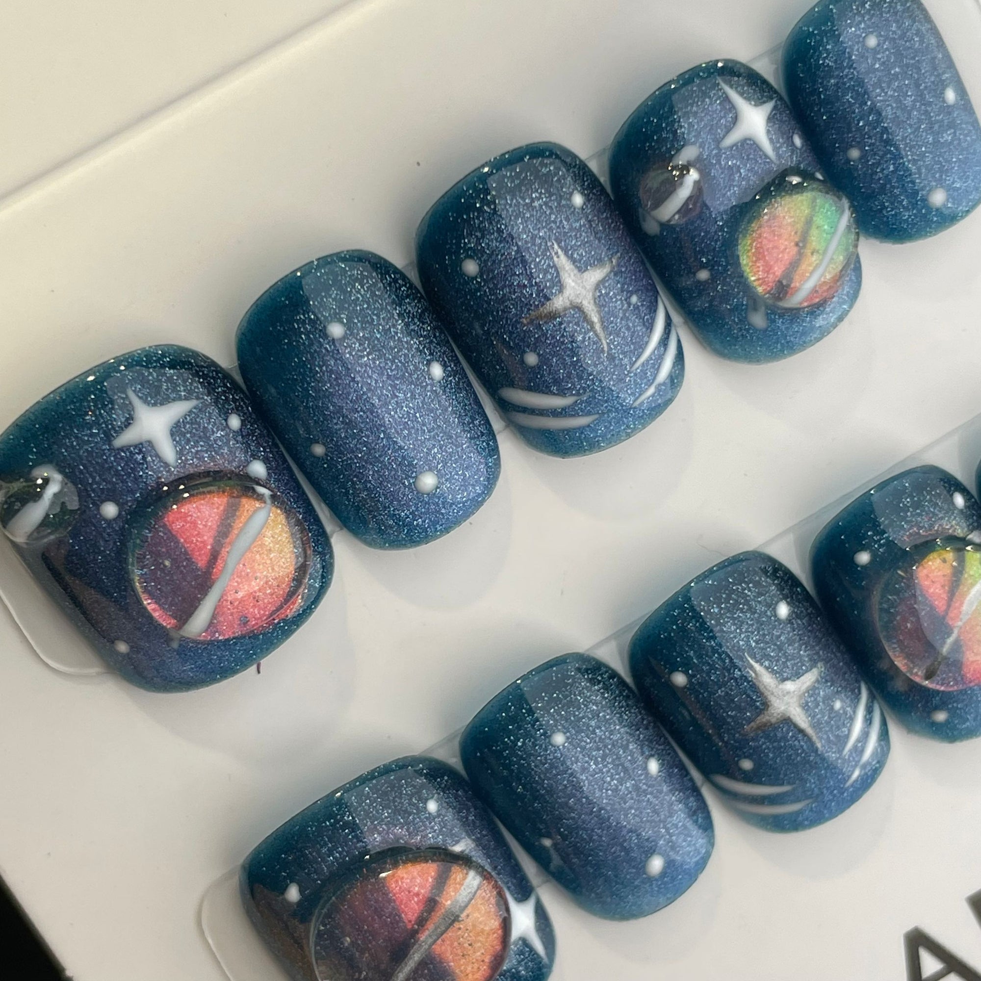 Handmade Press On Nails Short Coffin Blue planet-YiH