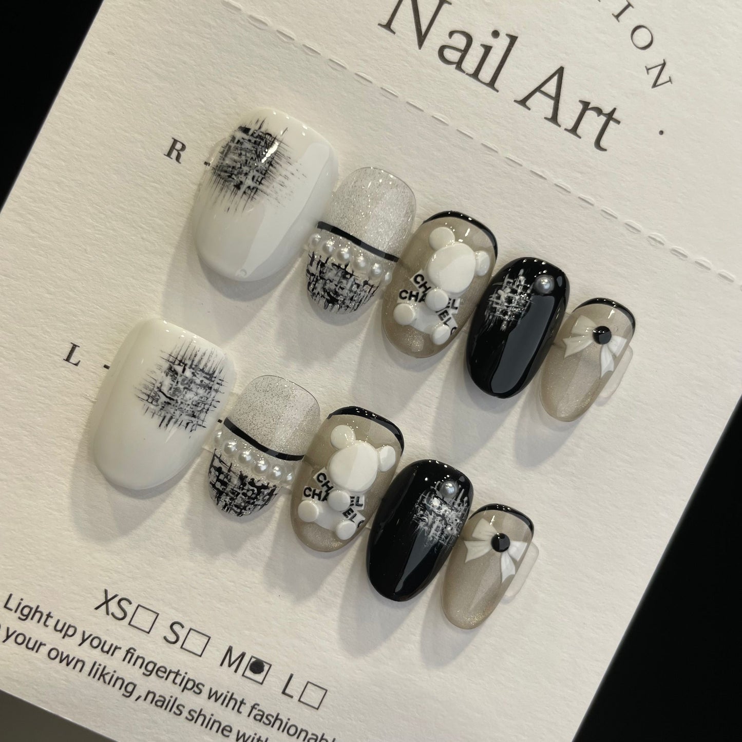 Handmade Press On Nails Short Oval Black and white bear