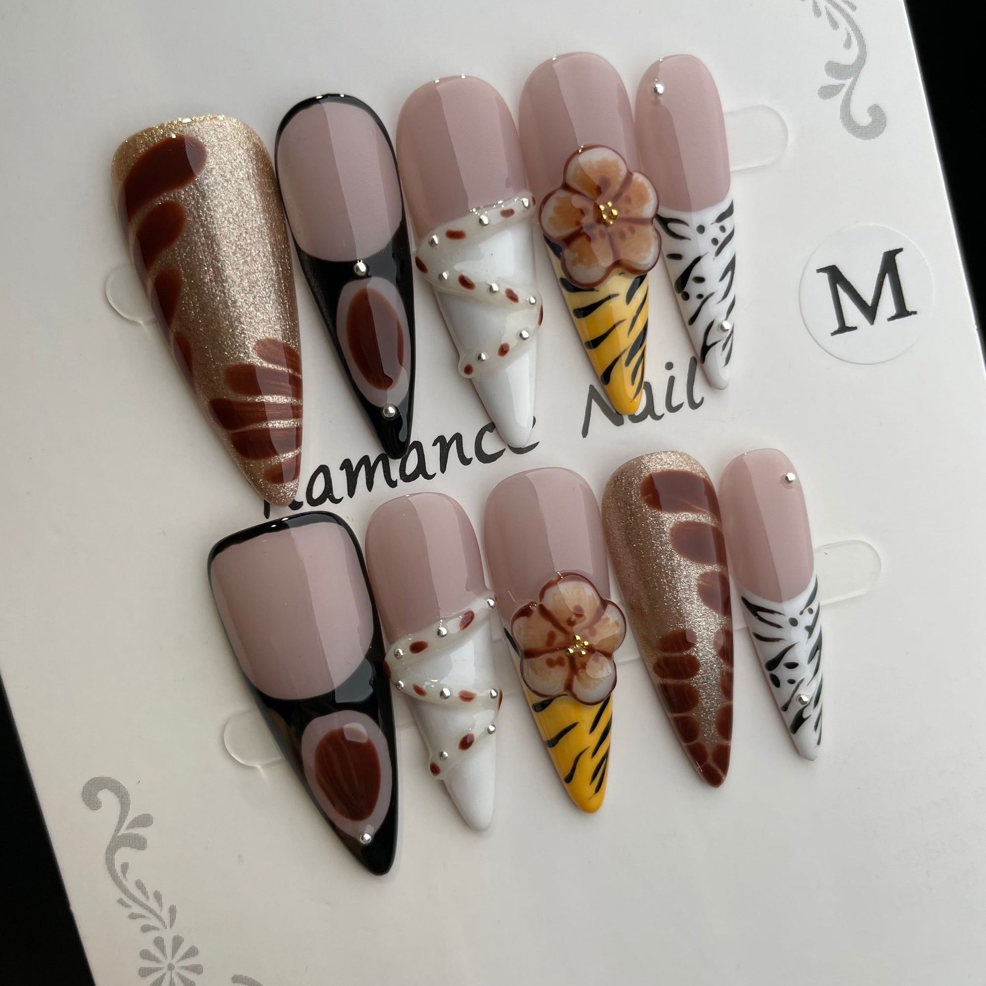 Handmade Press On Nails Long Stiletto Bean paste with hand pinch-YiH