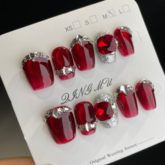 Handmade Press On Nails Short Square Red gem