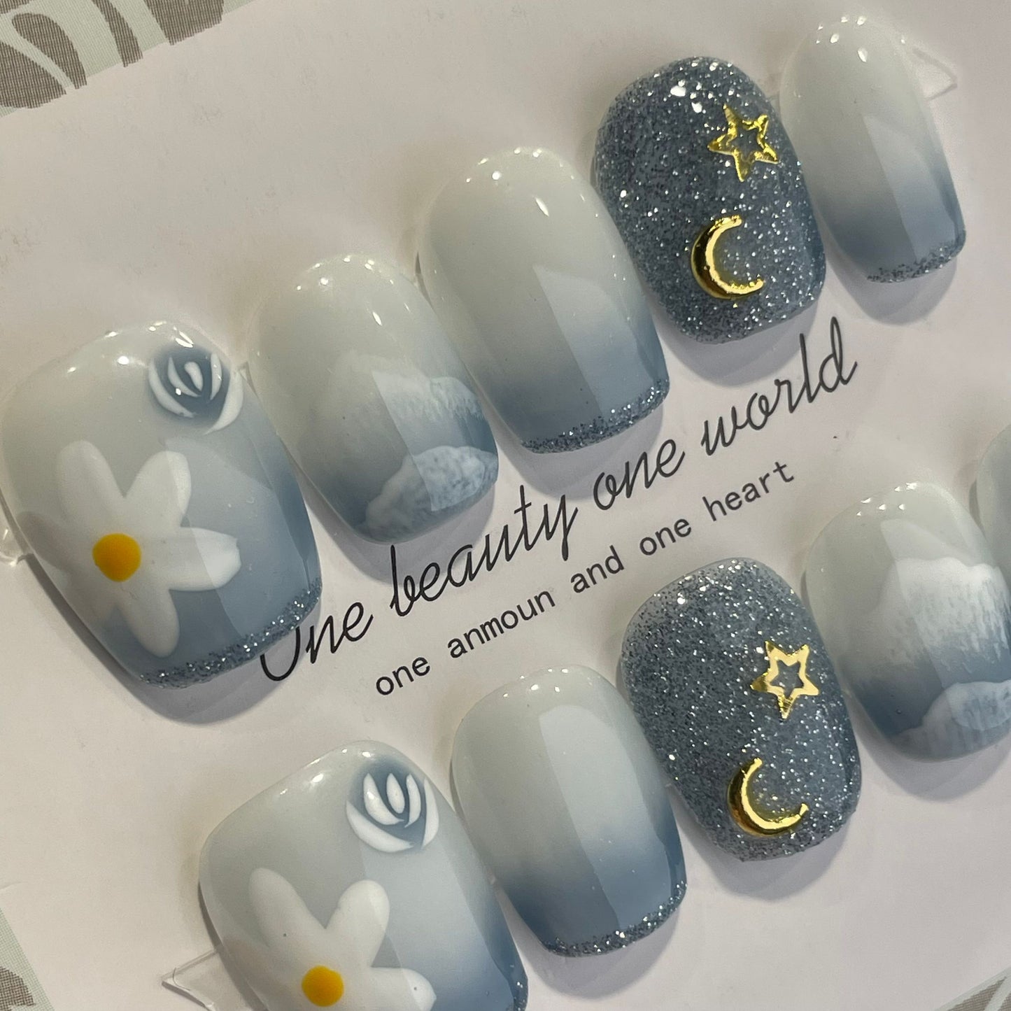 Handmade Press On Nails Short Square Blue sky and white clouds