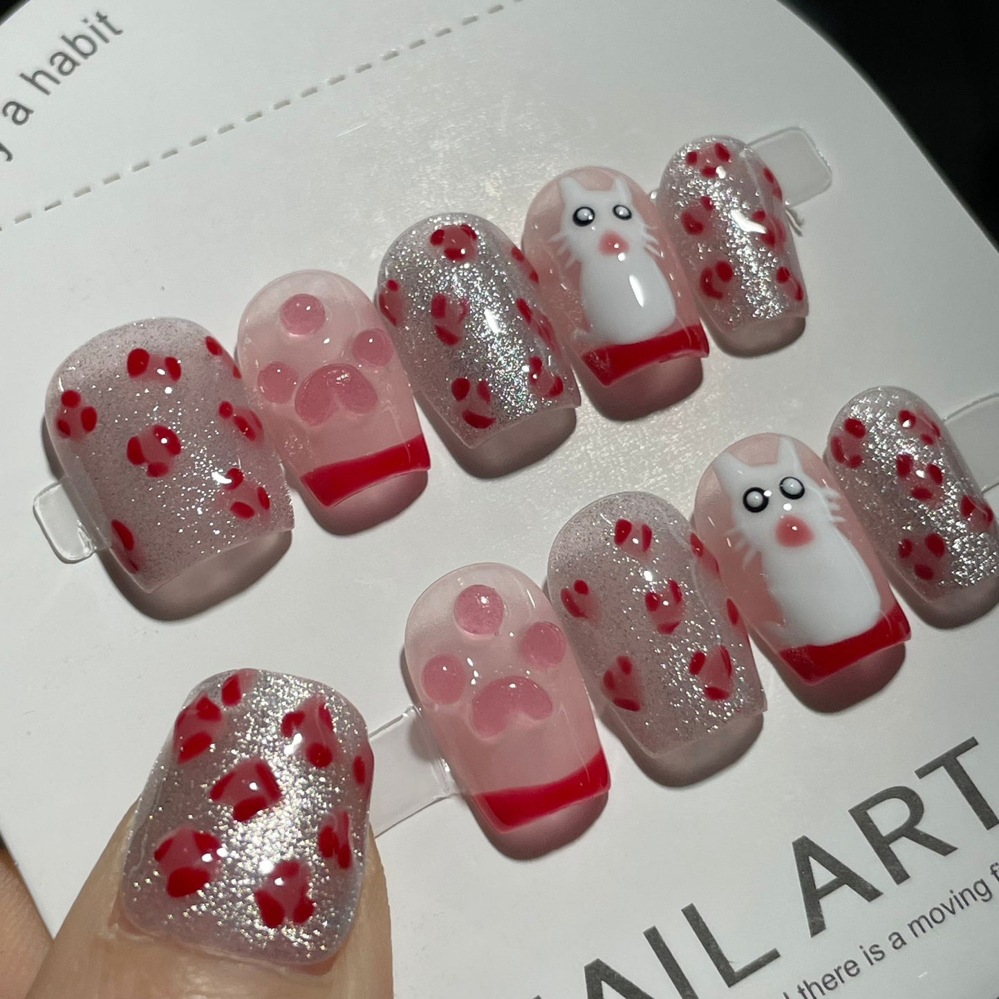 Handmade Press On Nails Short Square Silver pink Cat