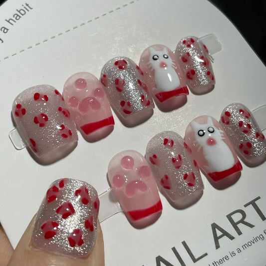 Handmade Press On Nails Short Square Silver pink Cat