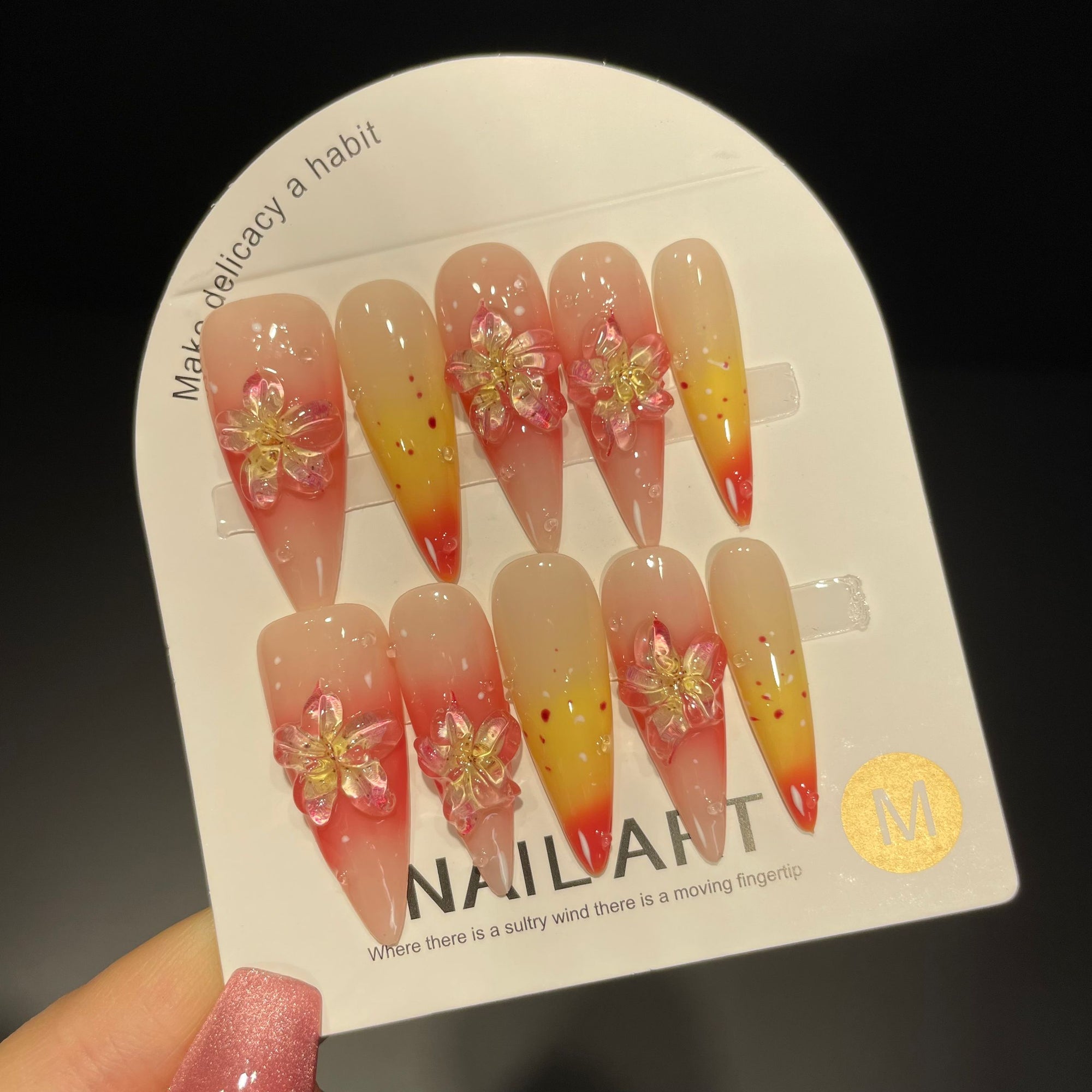 Handmade Press On Nails Long Stiletto Lily gradient ice flower