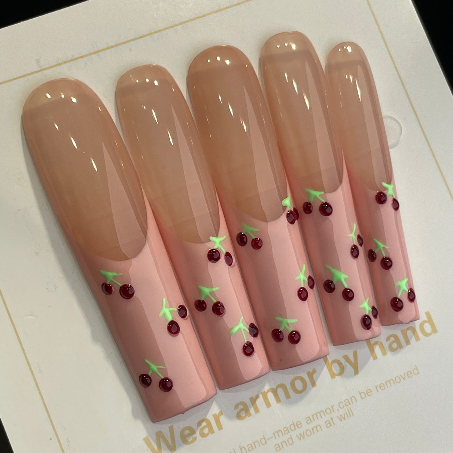 Handmade Press On Nails Extra-Long Coffin Sweet cherry