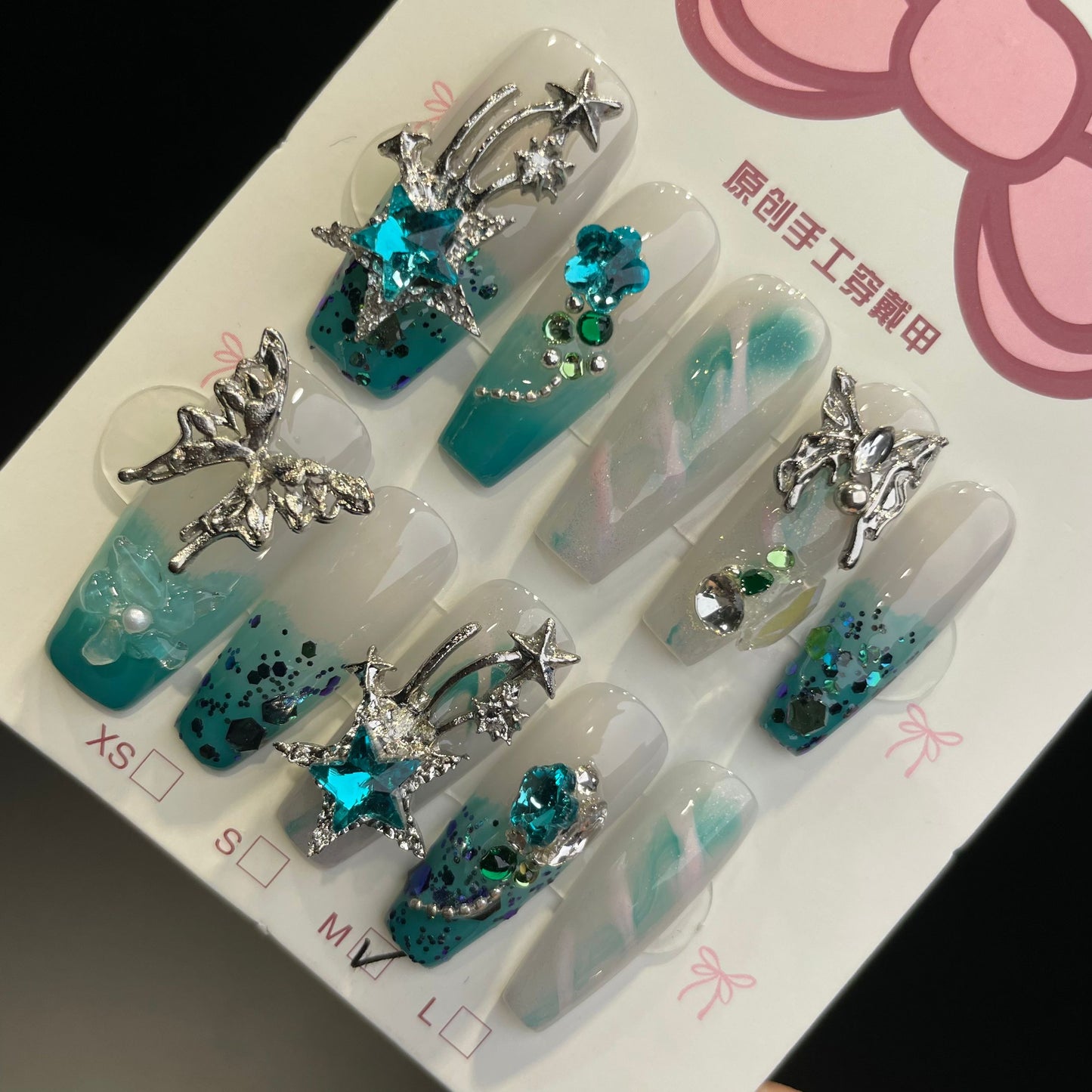 Handmade Press On Nails Long Coffin Blue meteor