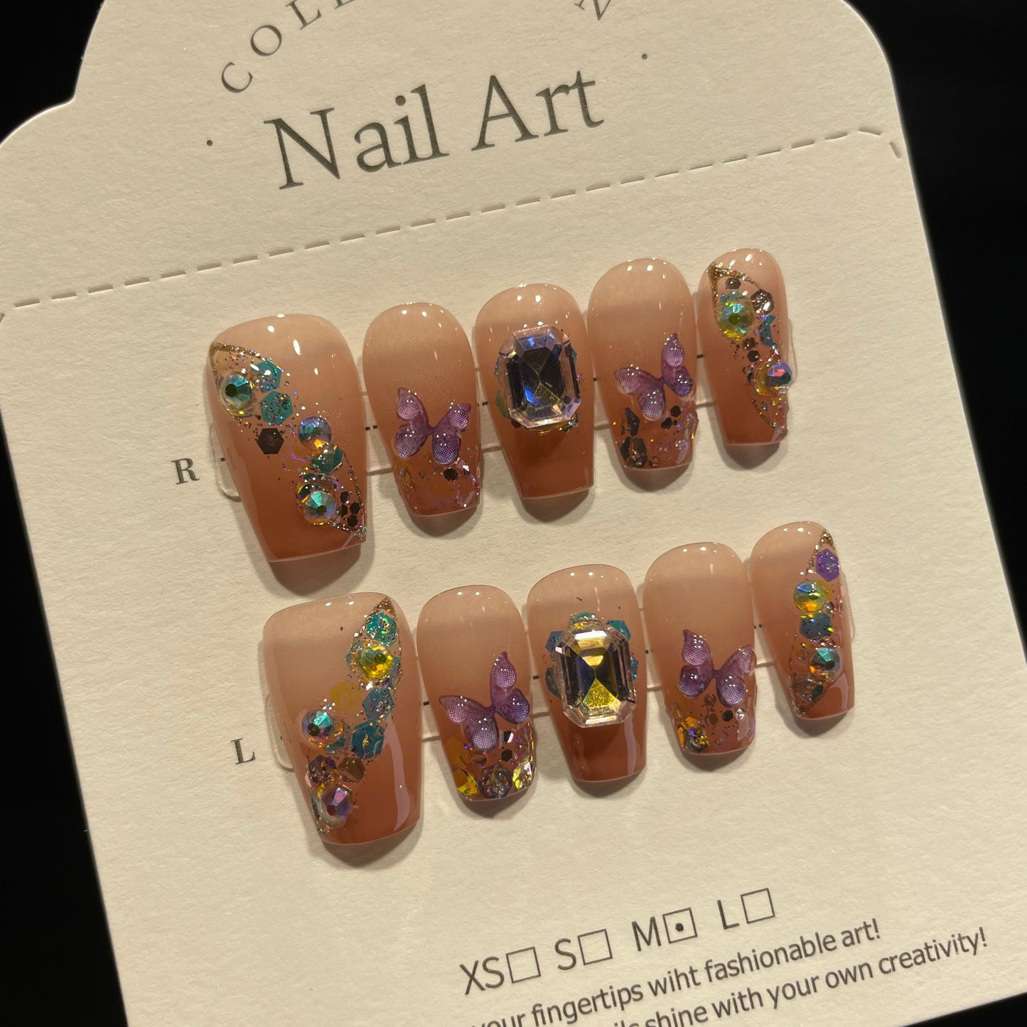 Handmade Press On Nails Medium Coffin Butterflies and green leaves