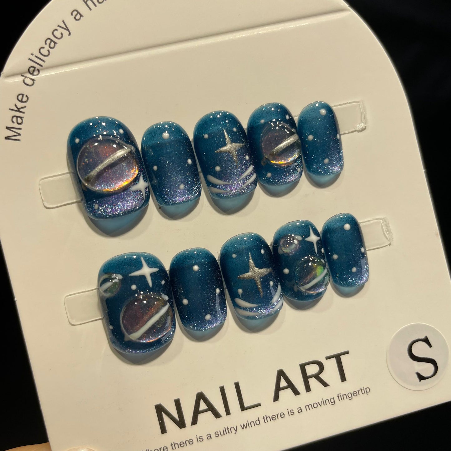 Handmade Press On Nails Short Square Blue planet