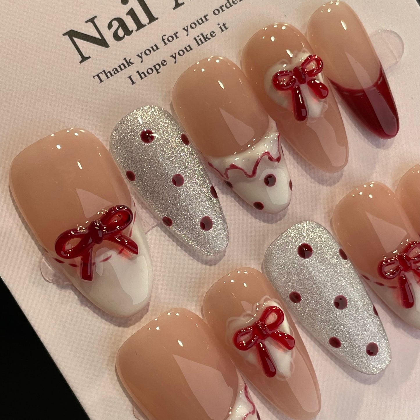 Handmade Press On Nails Long Almond Strawberry cake