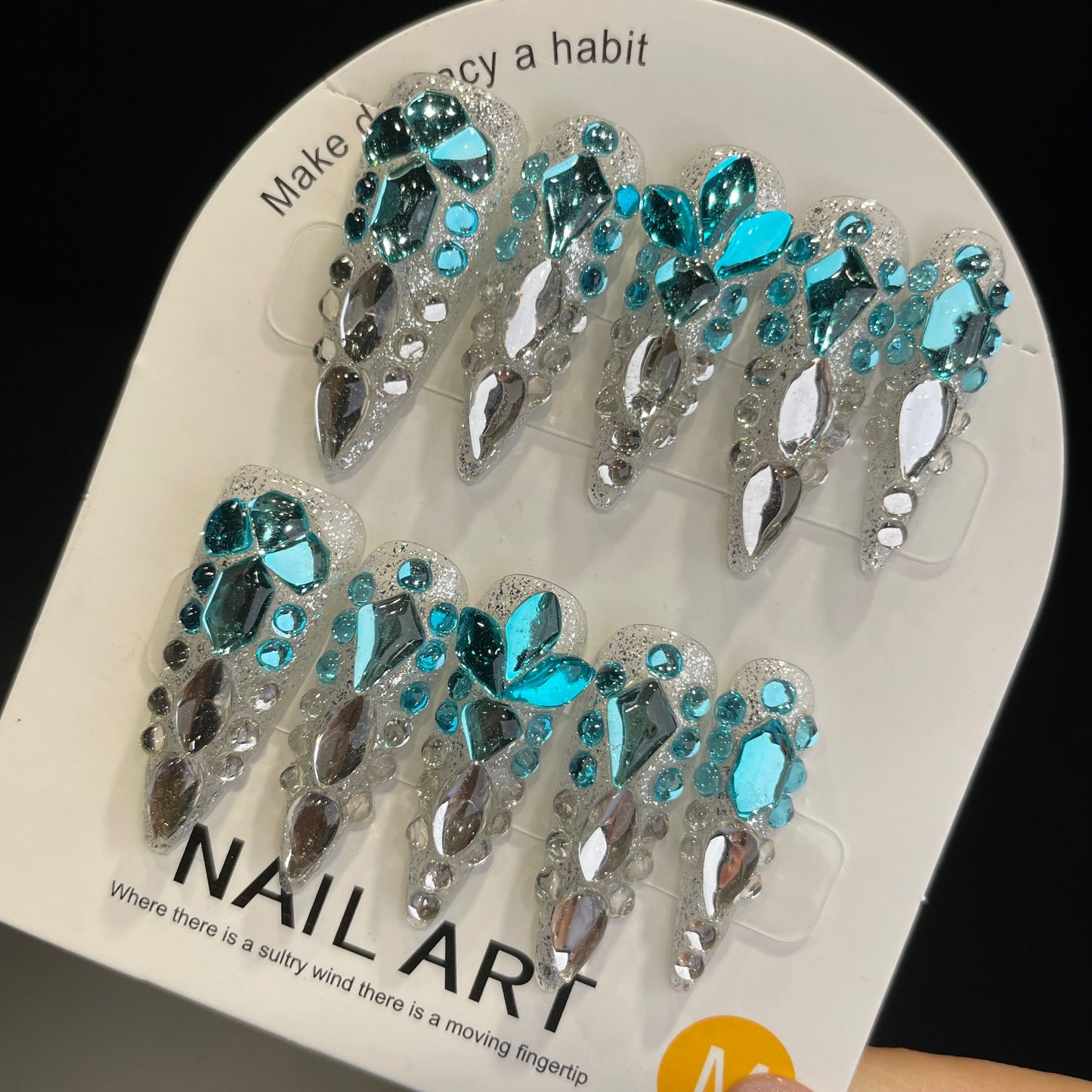 Handmade Press On Nails Long Stiletto Blue white full of diamonds