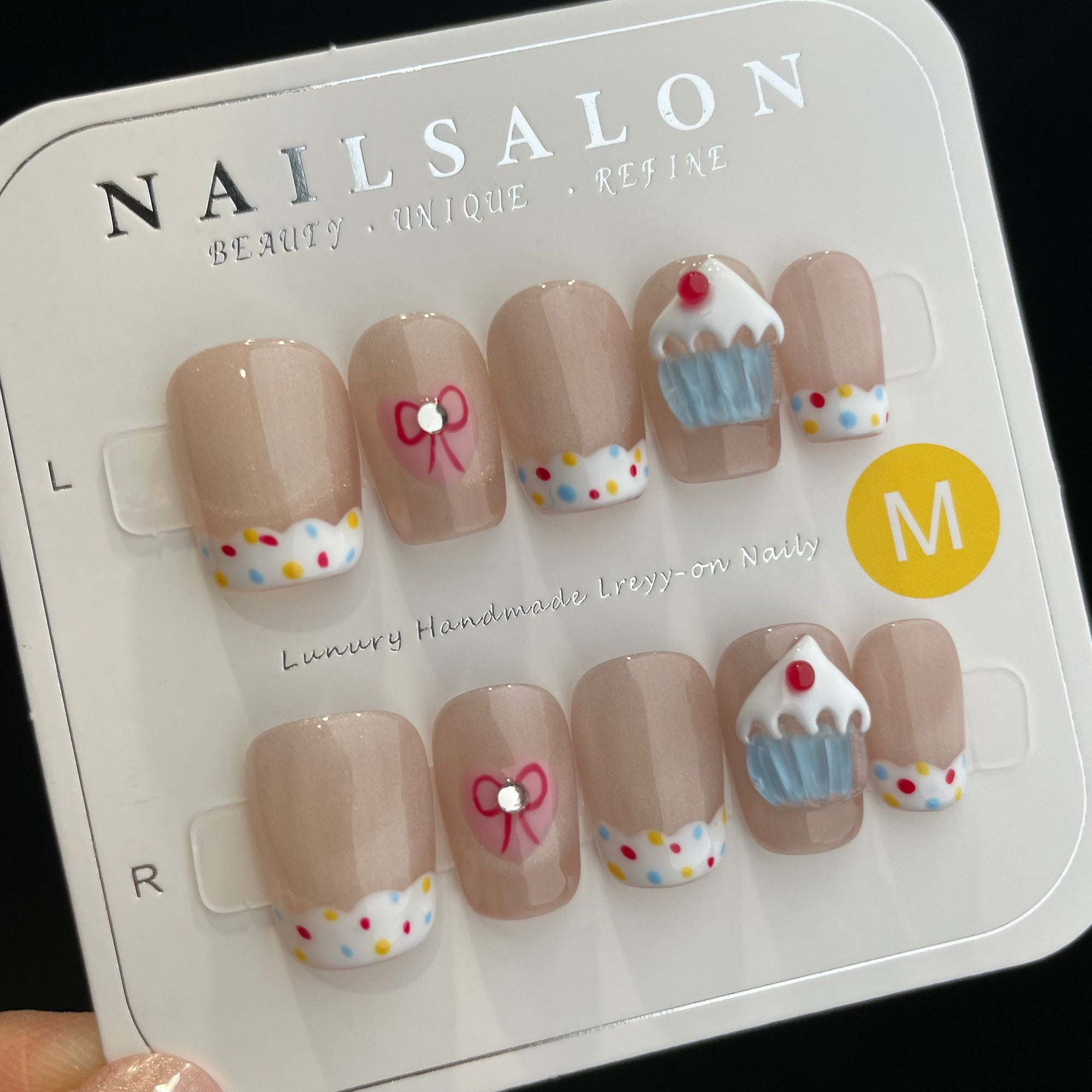 Handmade Press On Nails Short Coffin Cat's eye candy cake-YiH