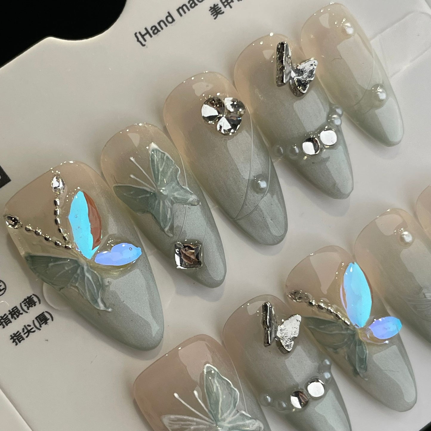 Handmade Press On Nails Long Almond Butterfly mint green