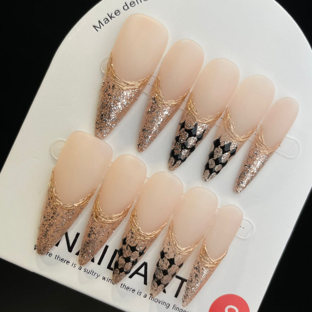 Handmade Press On Nails Long Stiletto Gold French diamond check-YiH