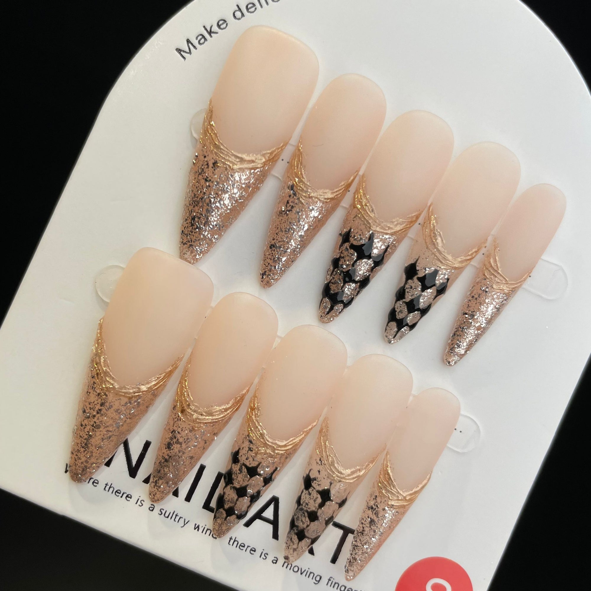 Handmade Press On Nails Long Stiletto Gold French diamond check-YiH