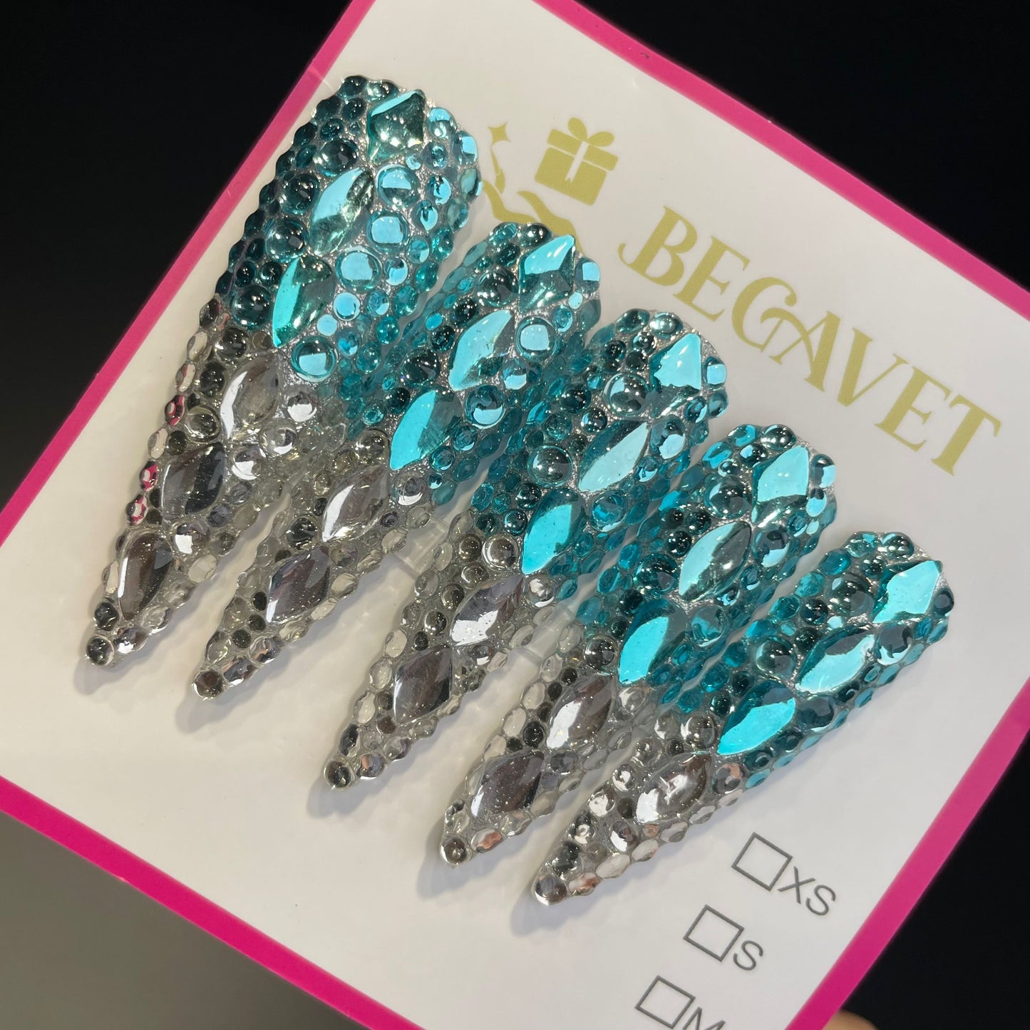 Handmade Press On Nails Extra-Long Stiletto Blue sea