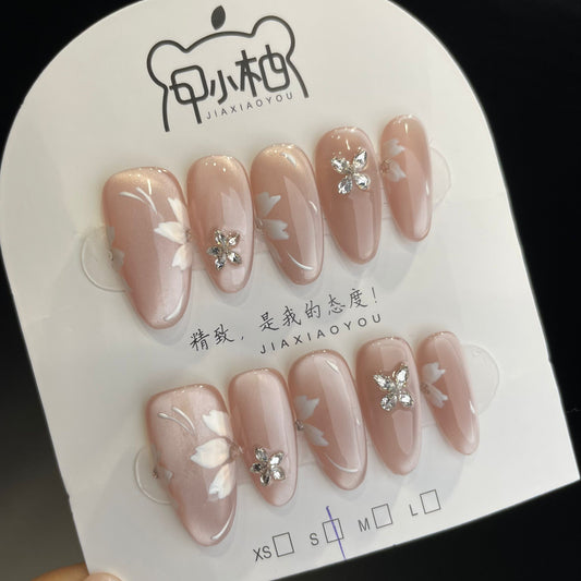 Handmade Press On Nails Medium Almond Flower butterfly