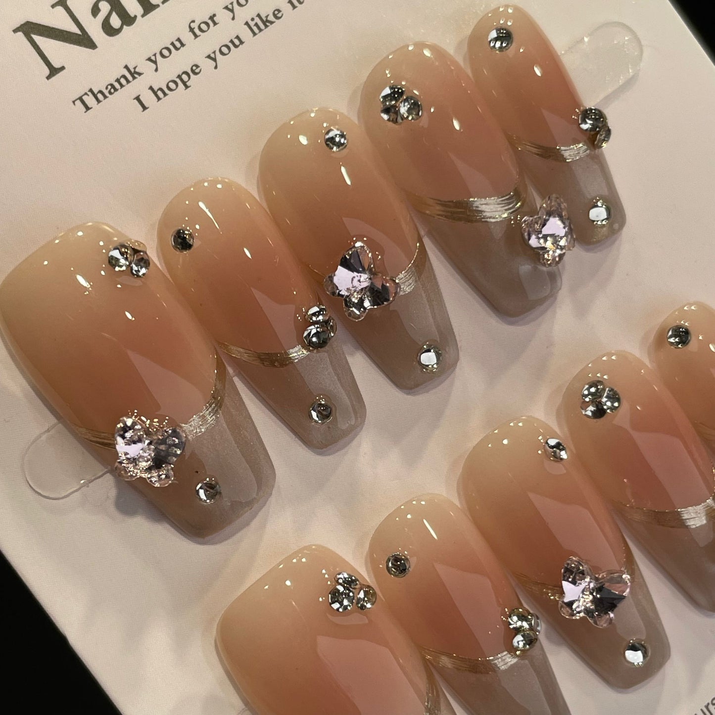 Handmade Press On Nails Long Coffin French diamond