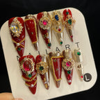 Handmade Press On Nails Long Stiletto Red gorgeous colored gems-YiH
