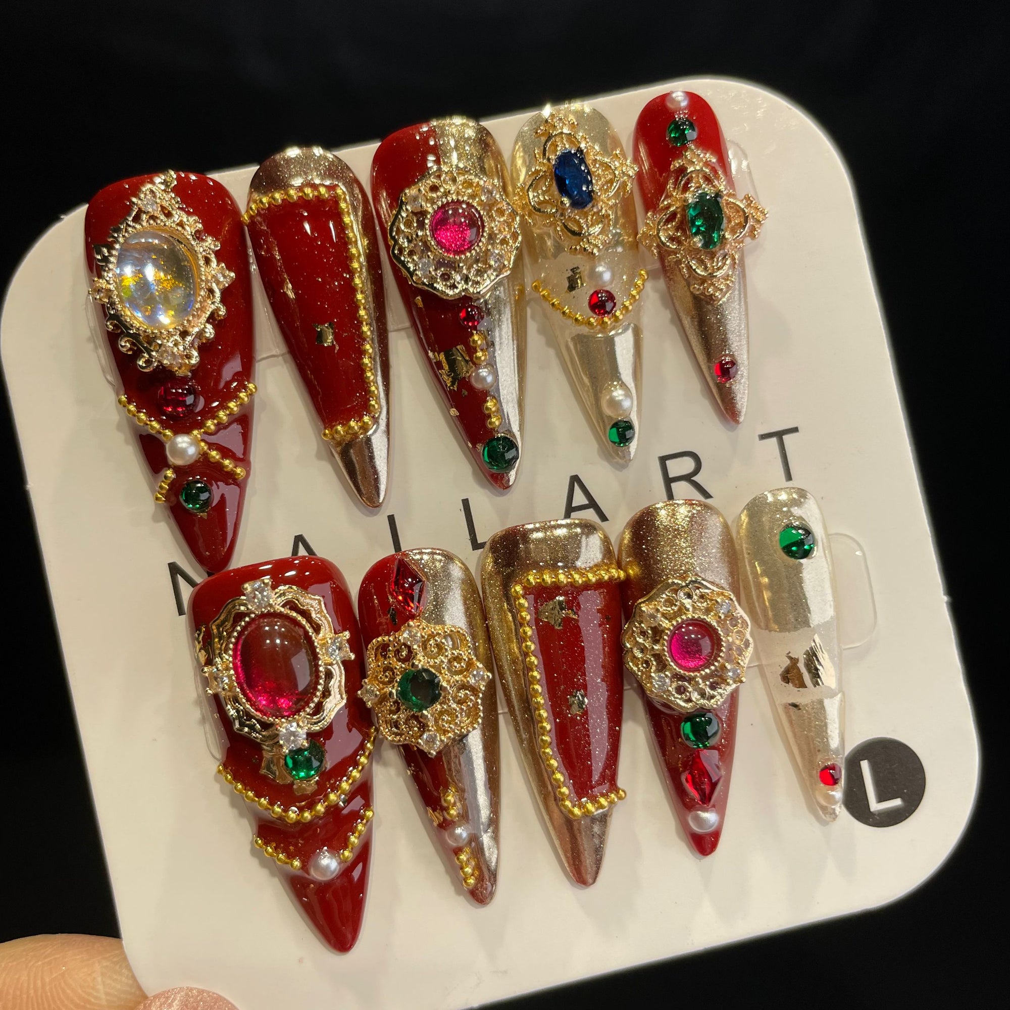 Handmade Press On Nails Long Stiletto Red gorgeous colored gems-YiH