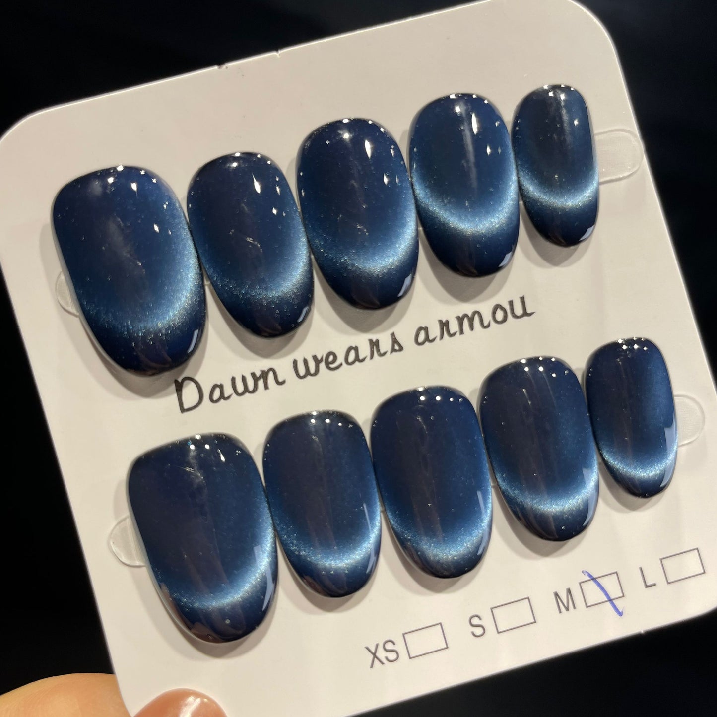 Handmade Press On Nails Short Oval Blue cat's eye-XiXX