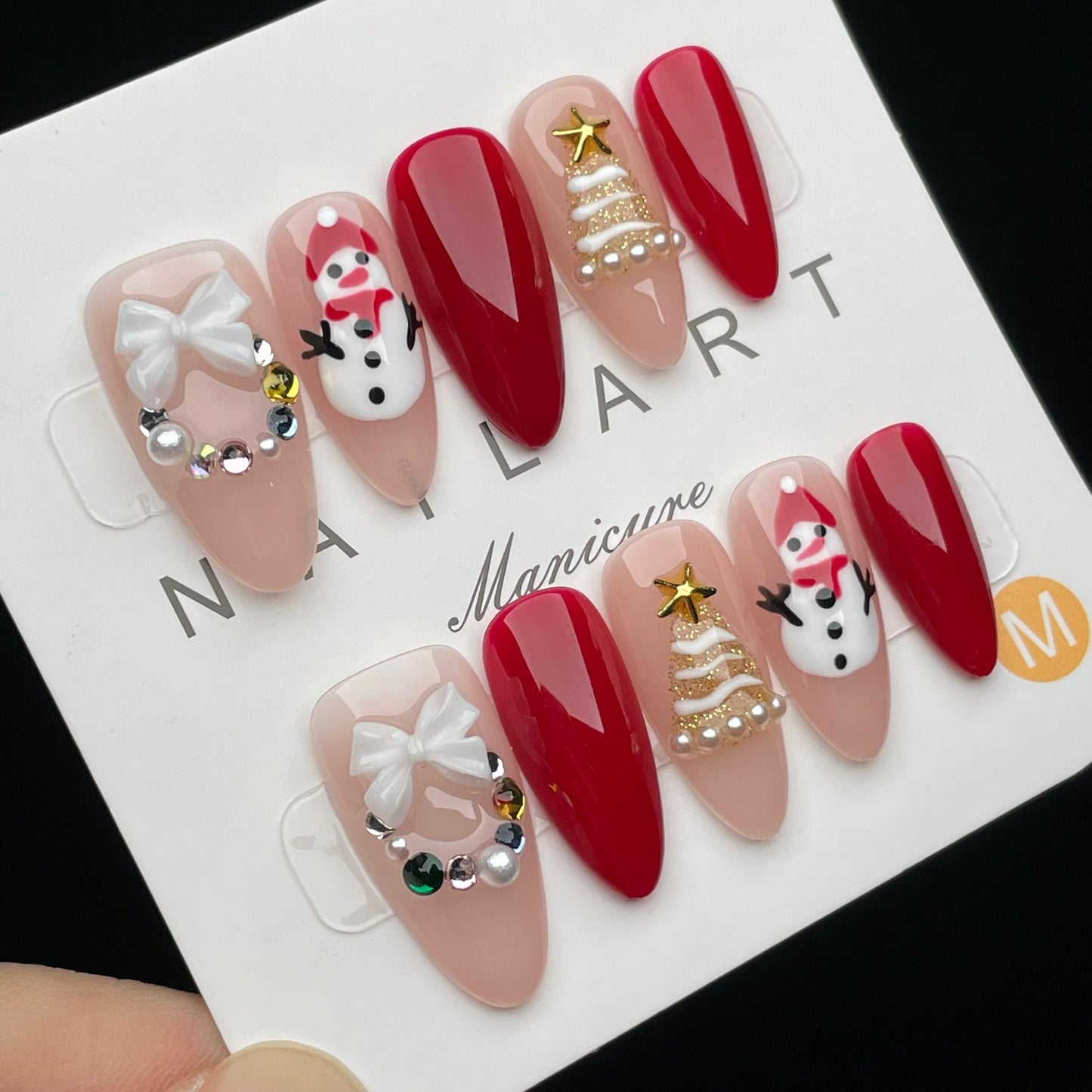 Handmade Press On Nails Medium Almond Christmas snowman