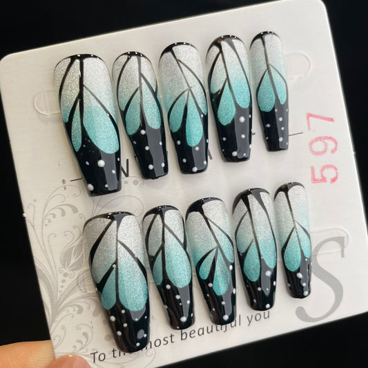 Handmade Press On Nails Long Coffin Blue butterfly wings-DaiRS