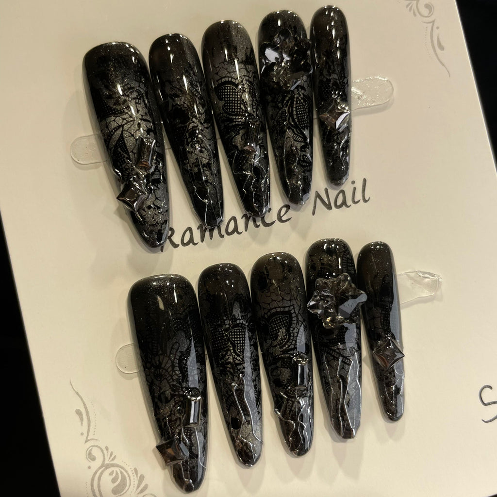 Handmade Press On Nails Long Oval Black snake scale-YiH