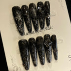 Handmade Press On Nails Long Oval Black snake scale-YiH