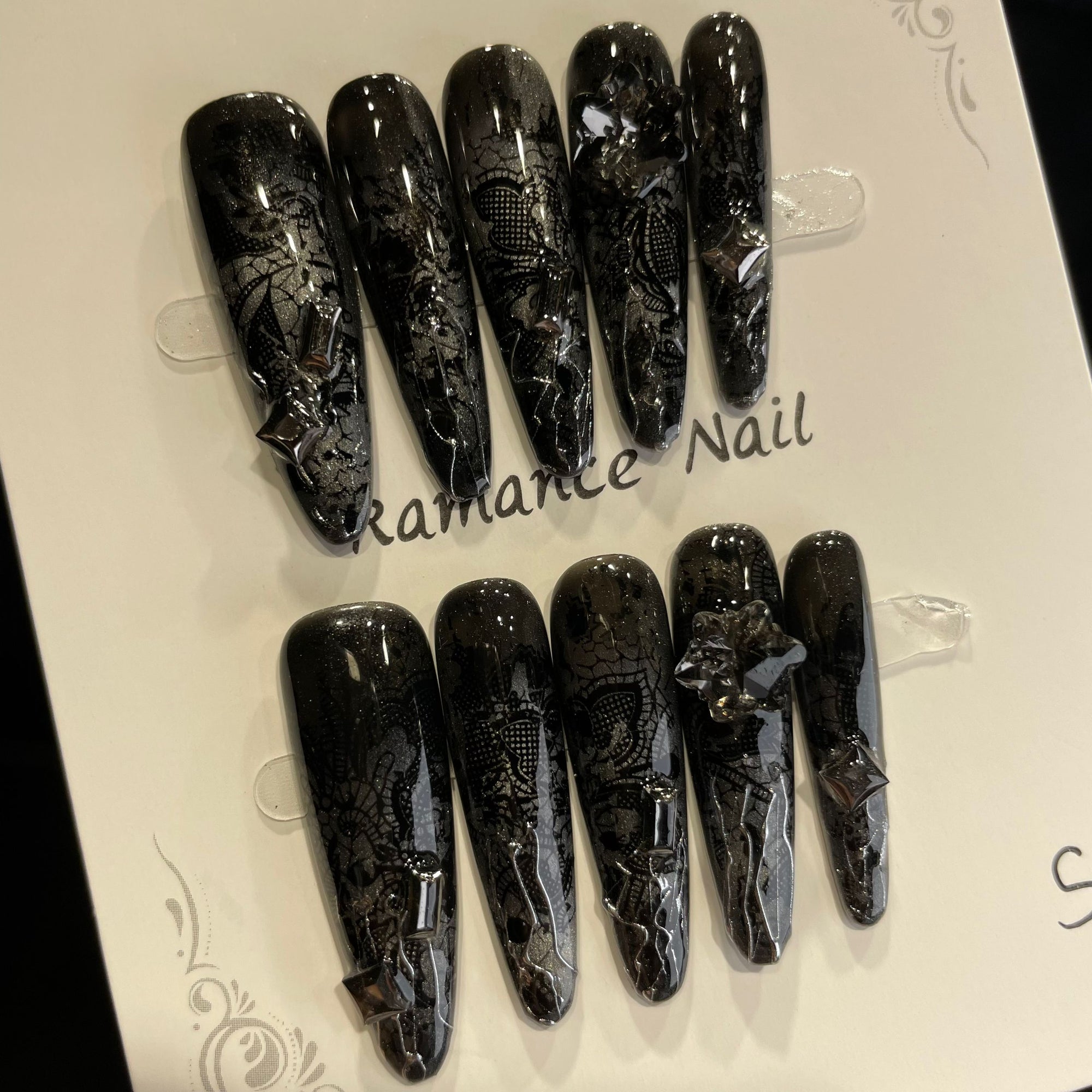 Handmade Press On Nails Long Oval Black snake scale-YiH