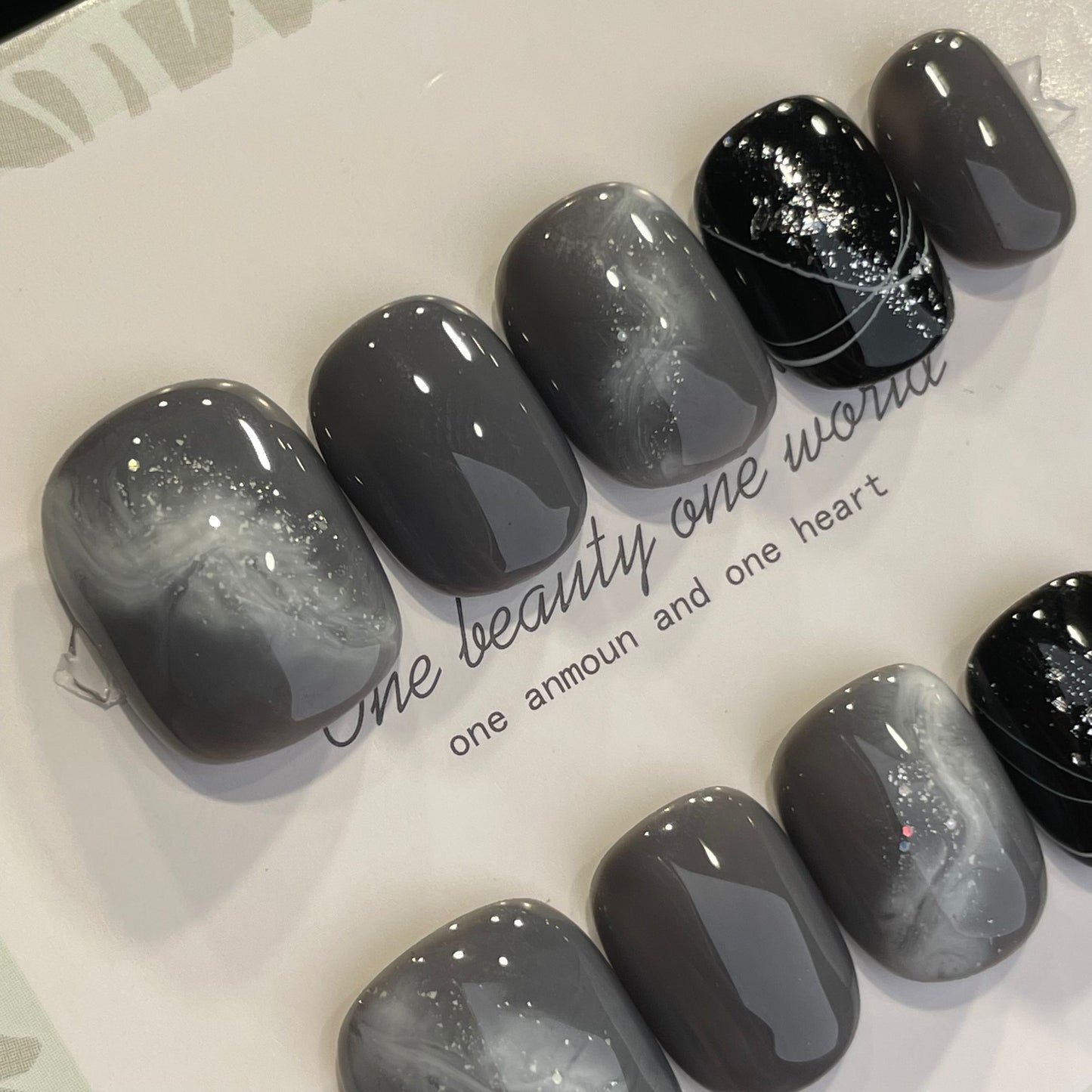 Handmade Press On Nails Short Square Gray nebula