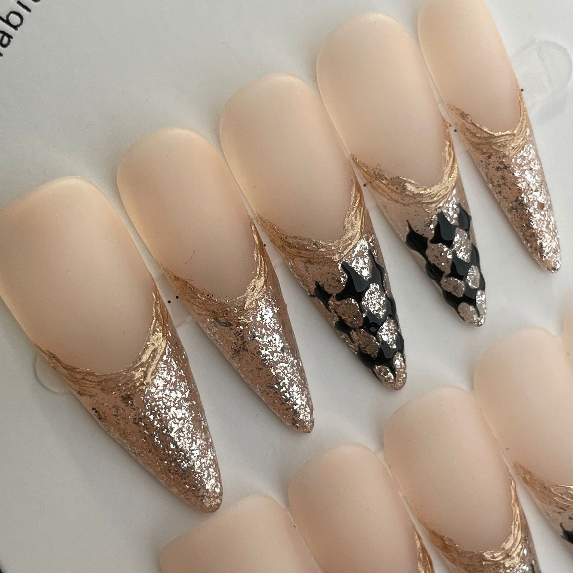 Handmade Press On Nails Long Stiletto Gold French diamond check-YiH