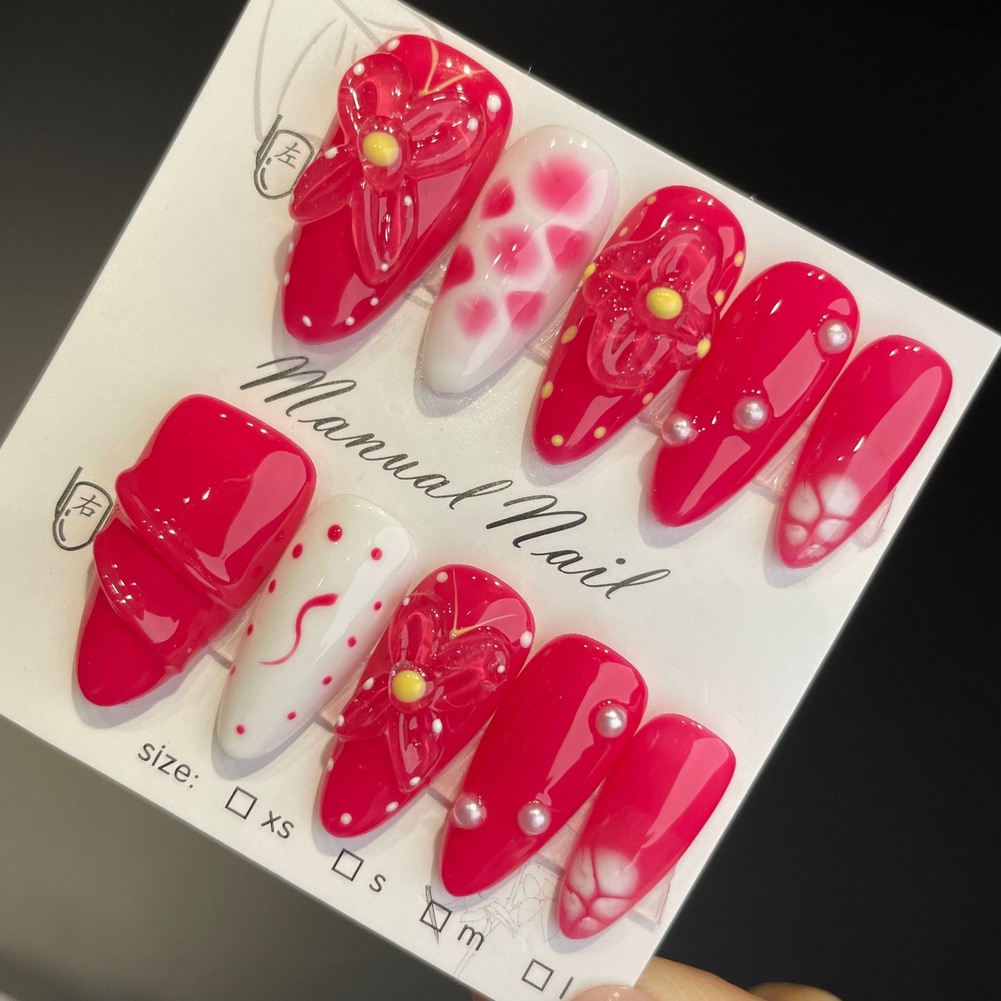 Handmade Press On Nails Medium Stiletto Strawberry blossom