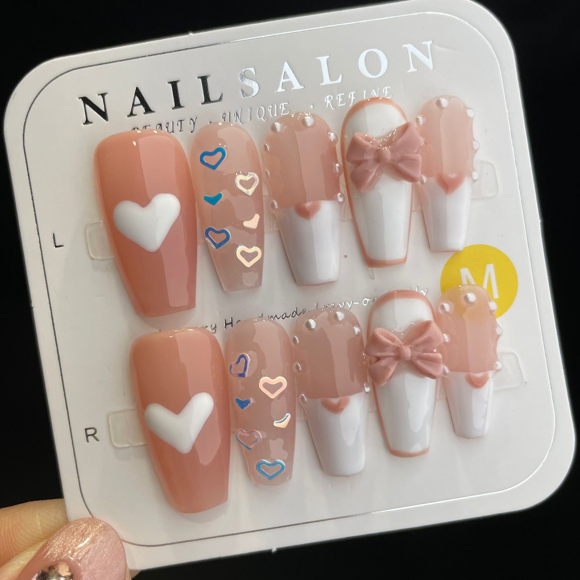 Handmade Press On Nails Long Coffin Hearts and bows-YiH