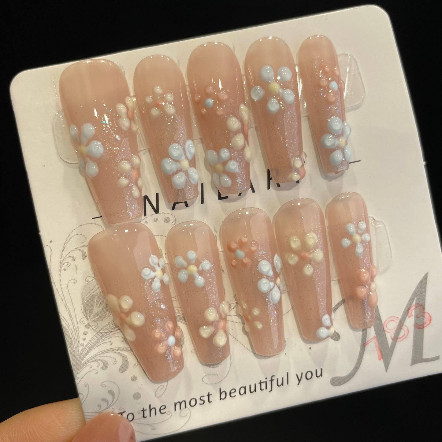 Handmade Press On Nails Long Coffin Pink blue flowers-DaiRS