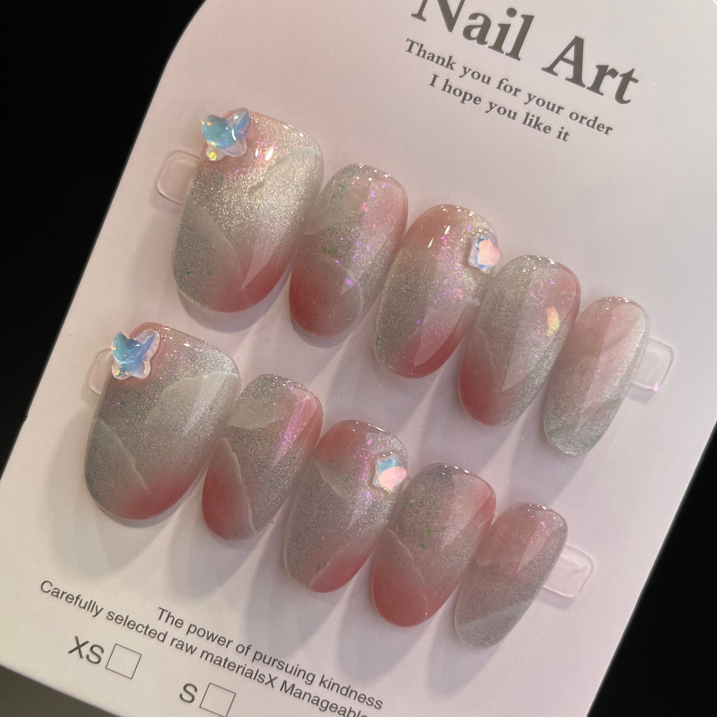 Handmade Press On Nails Short Oval Silvery pink