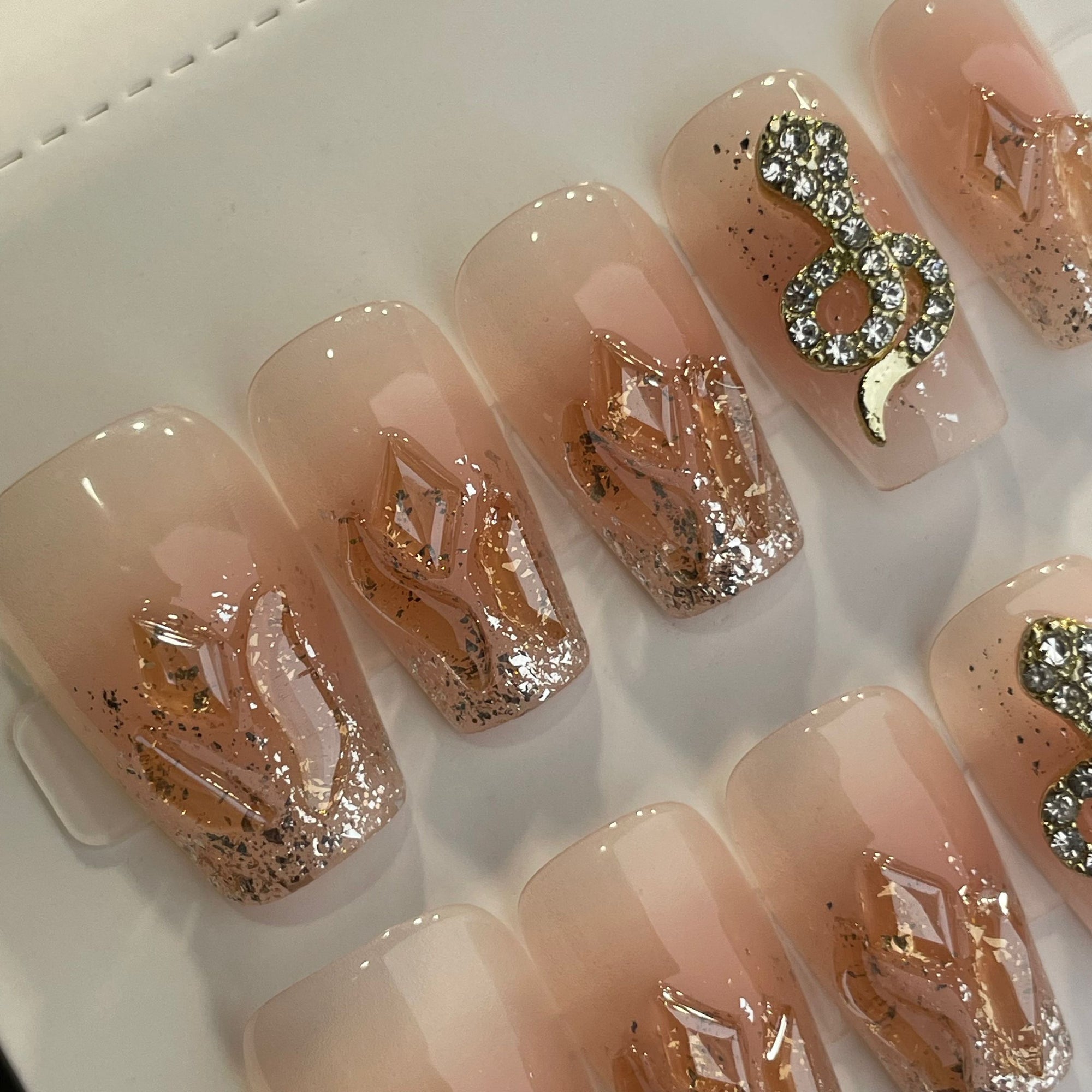 Handmade Press On Nails Medium Coffin Snake drill flame flash-YiH