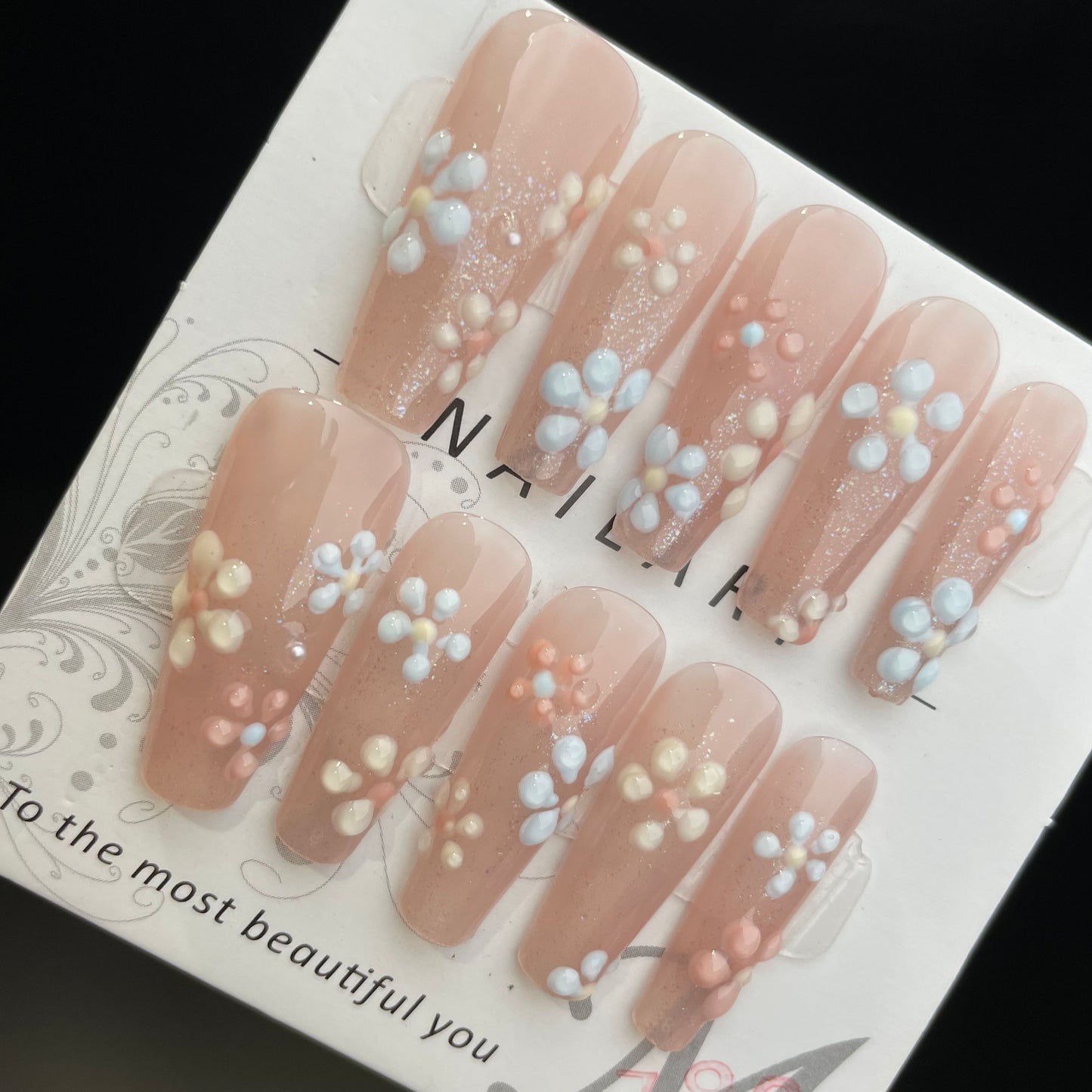 Handmade Press On Nails Long Coffin Pink blue flowers-DaiRS