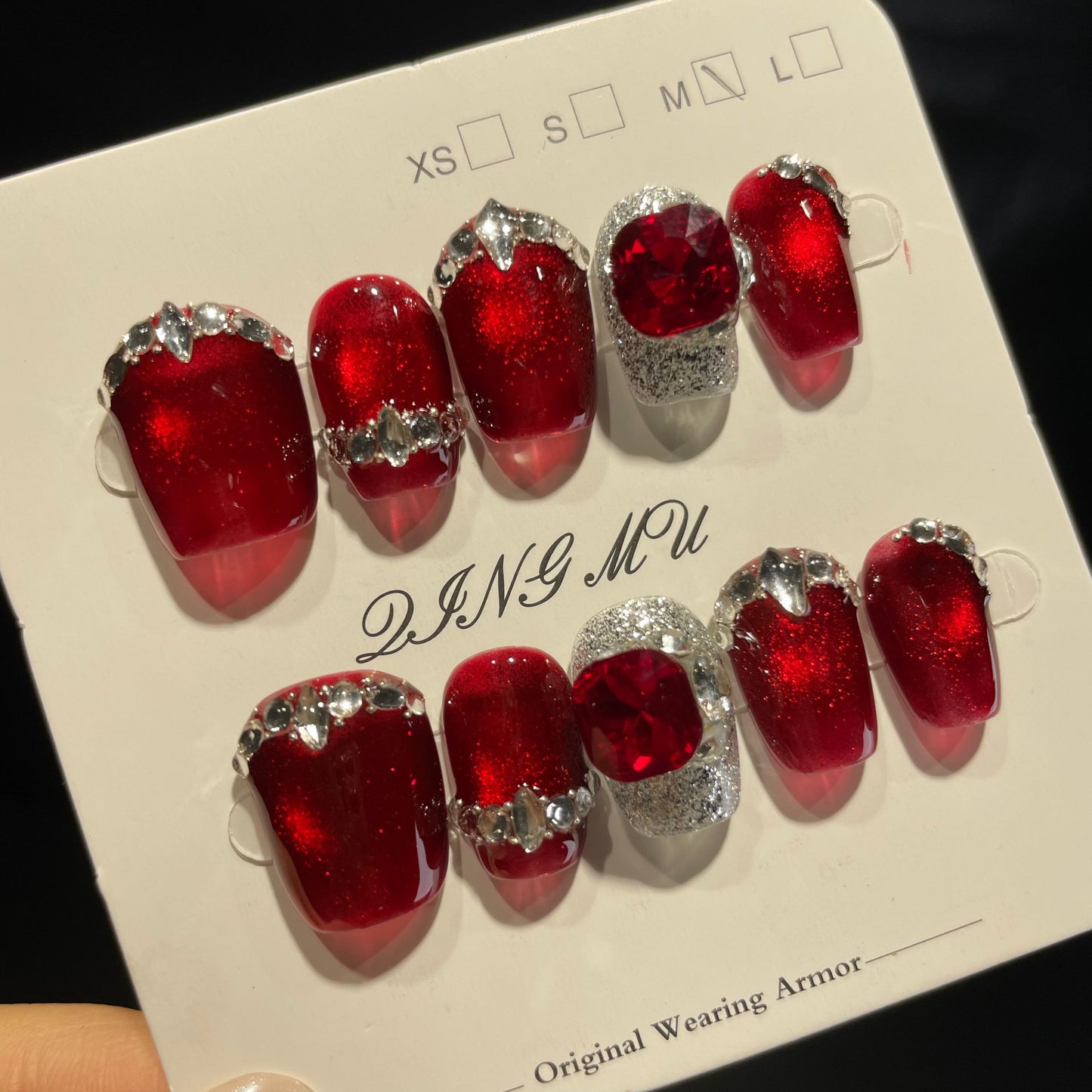 Handmade Press On Nails Short Square Red gem