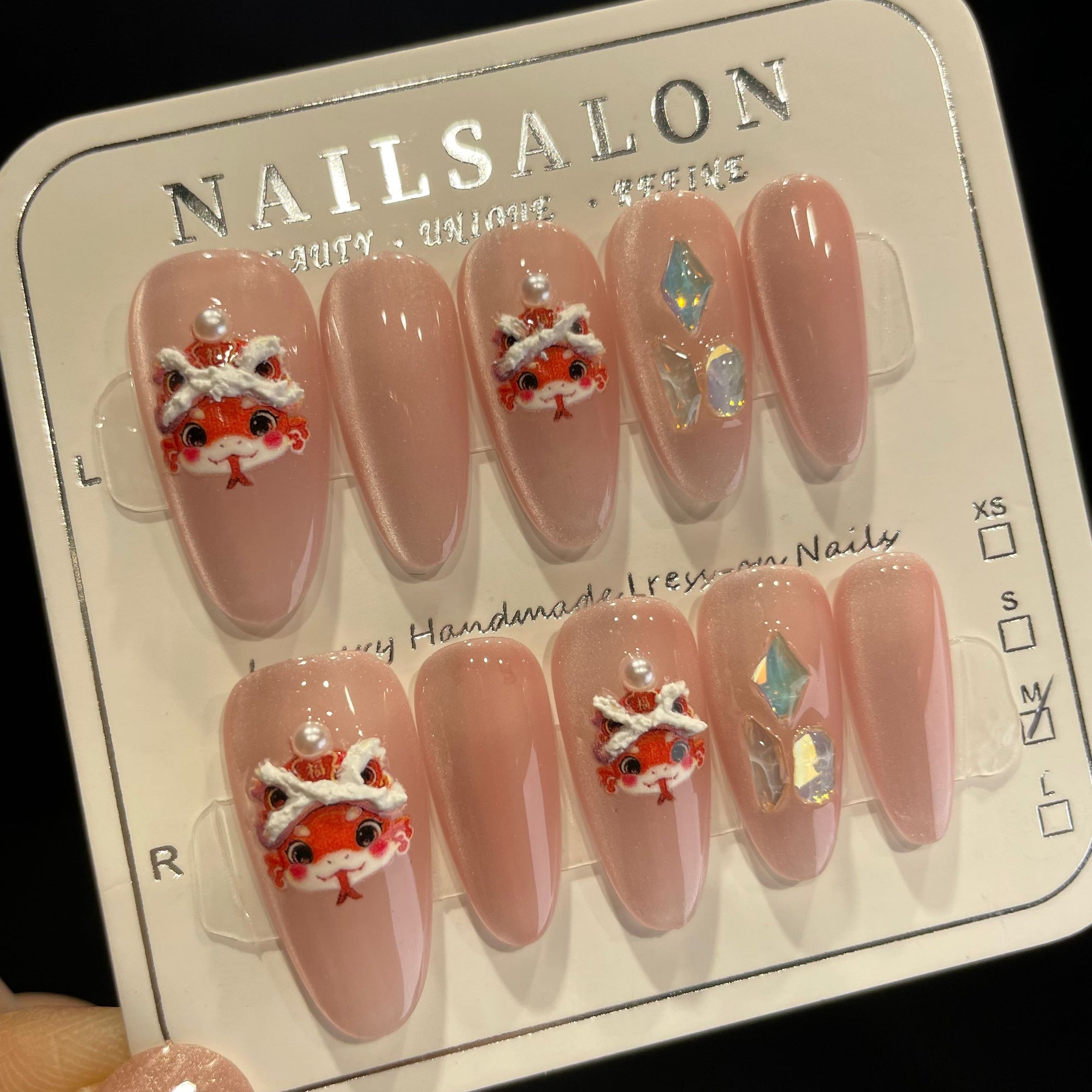 Handmade Press On Nails Long Almond Lucky little snake-YiH