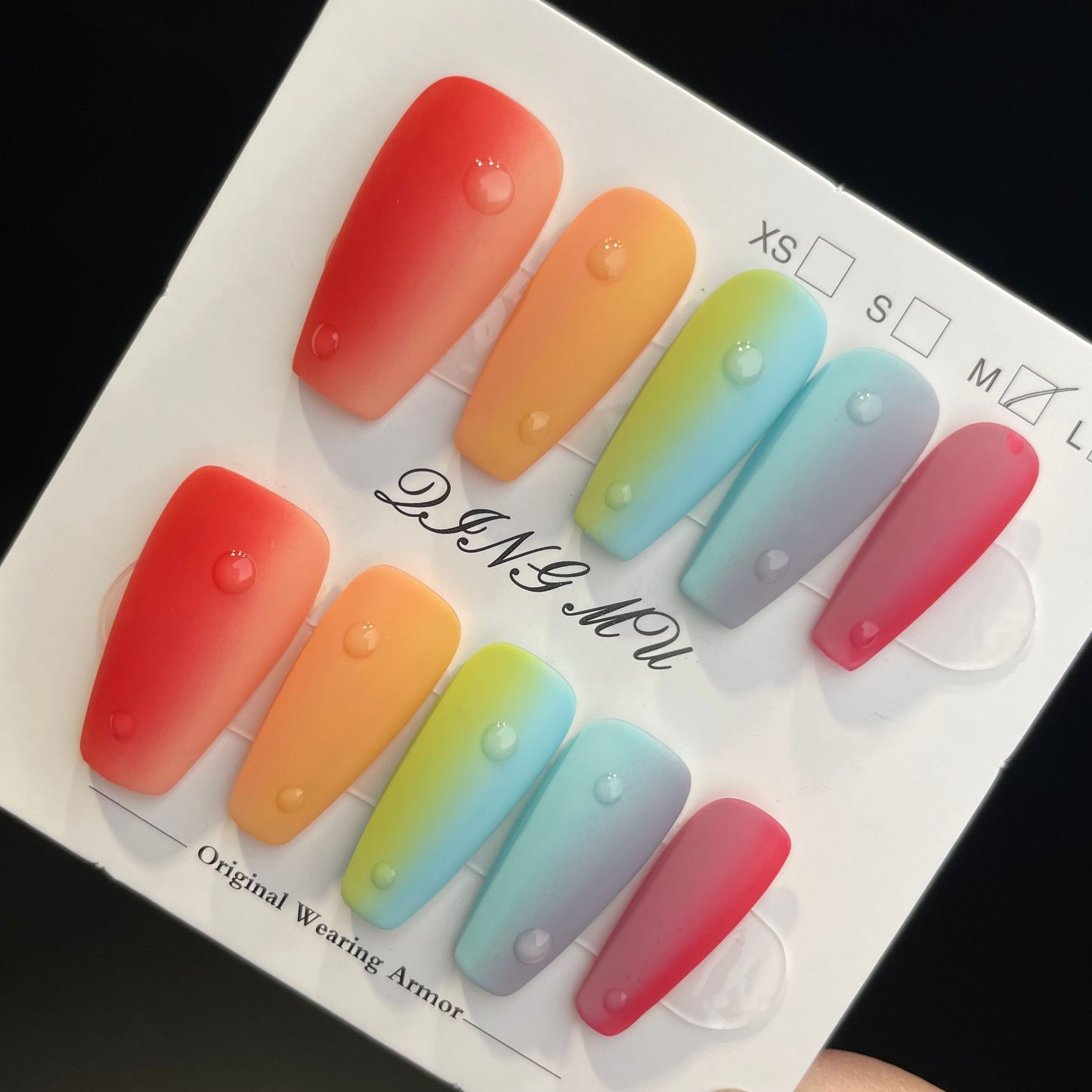 Handmade Press On Nails Long Coffin Rainbow smudge-QingM