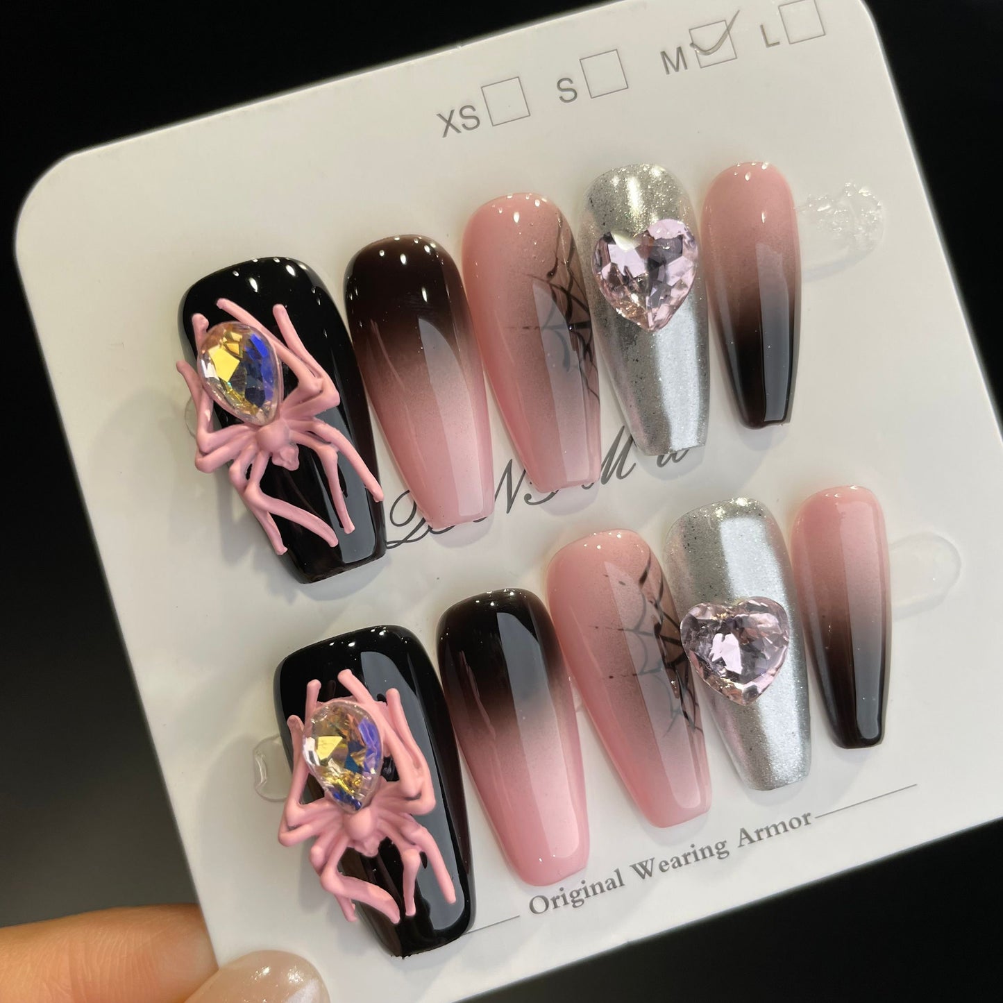 Handmade Press On Nails Long Coffin Black pink butterfly